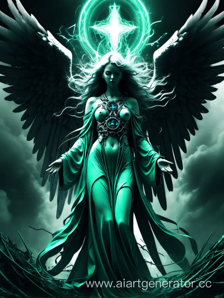 Angel of Rebirth, digital art by zacharlta, in the style of green and cyan, angelcore, poster art, crowcore, depicts real life, dark themes, iconic w0k euphoric style negativeXL_D unaestheticXLv13 --niji 50 --auto --s2 --testp --chaos

