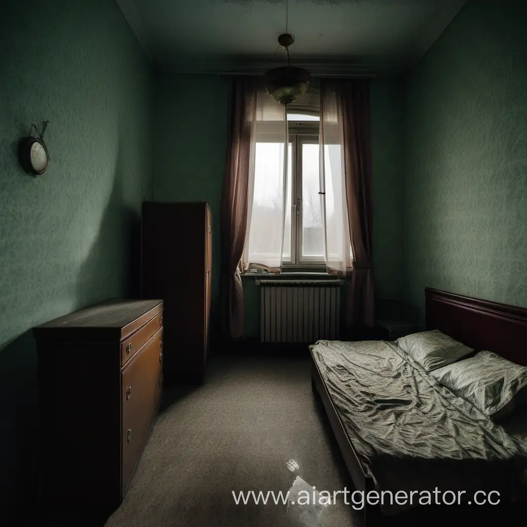 Старая советская спальня, вид со входа в комнату, за окном темно