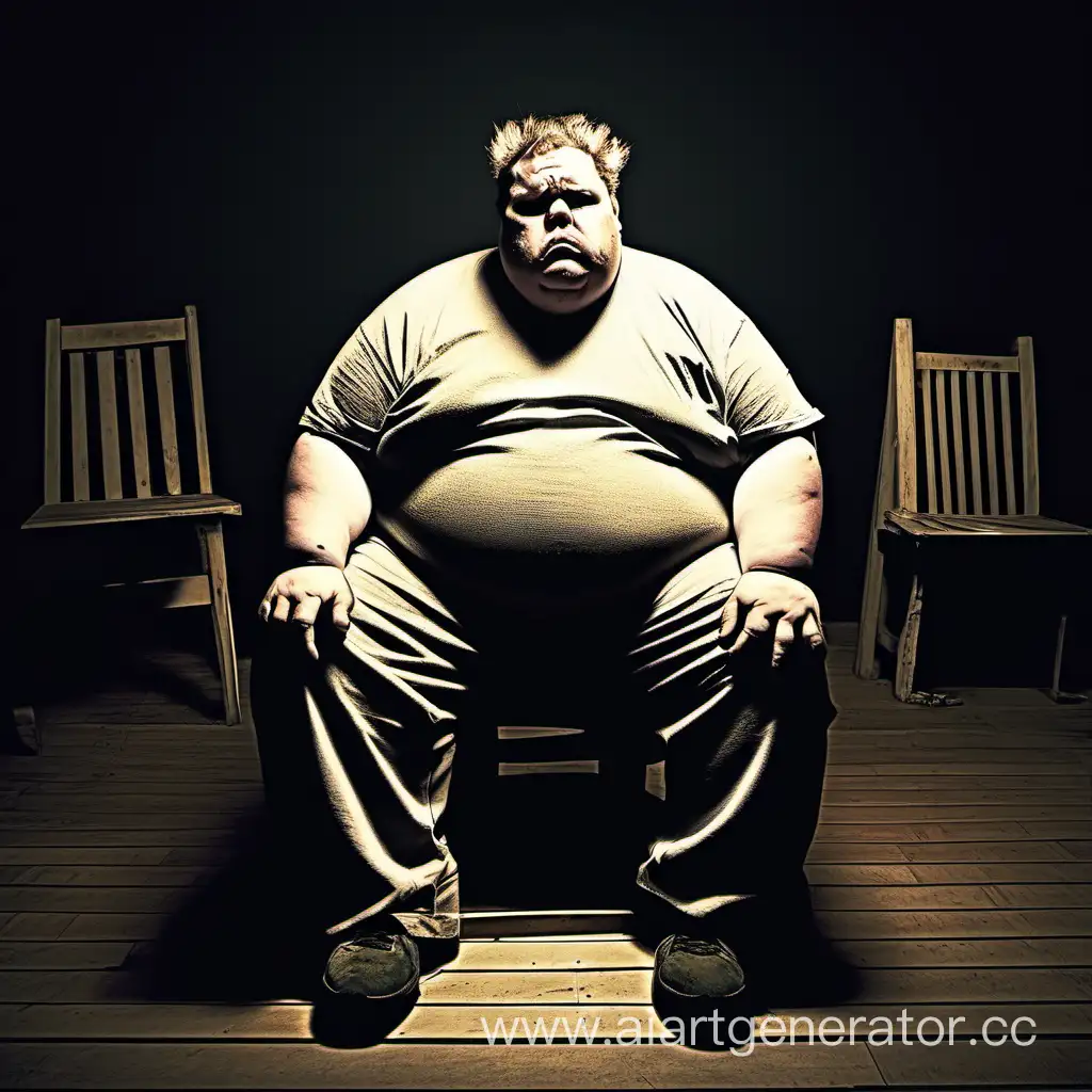злой и толстый наркоман в темной комнате на деревянном стуле смотрит в камеру 