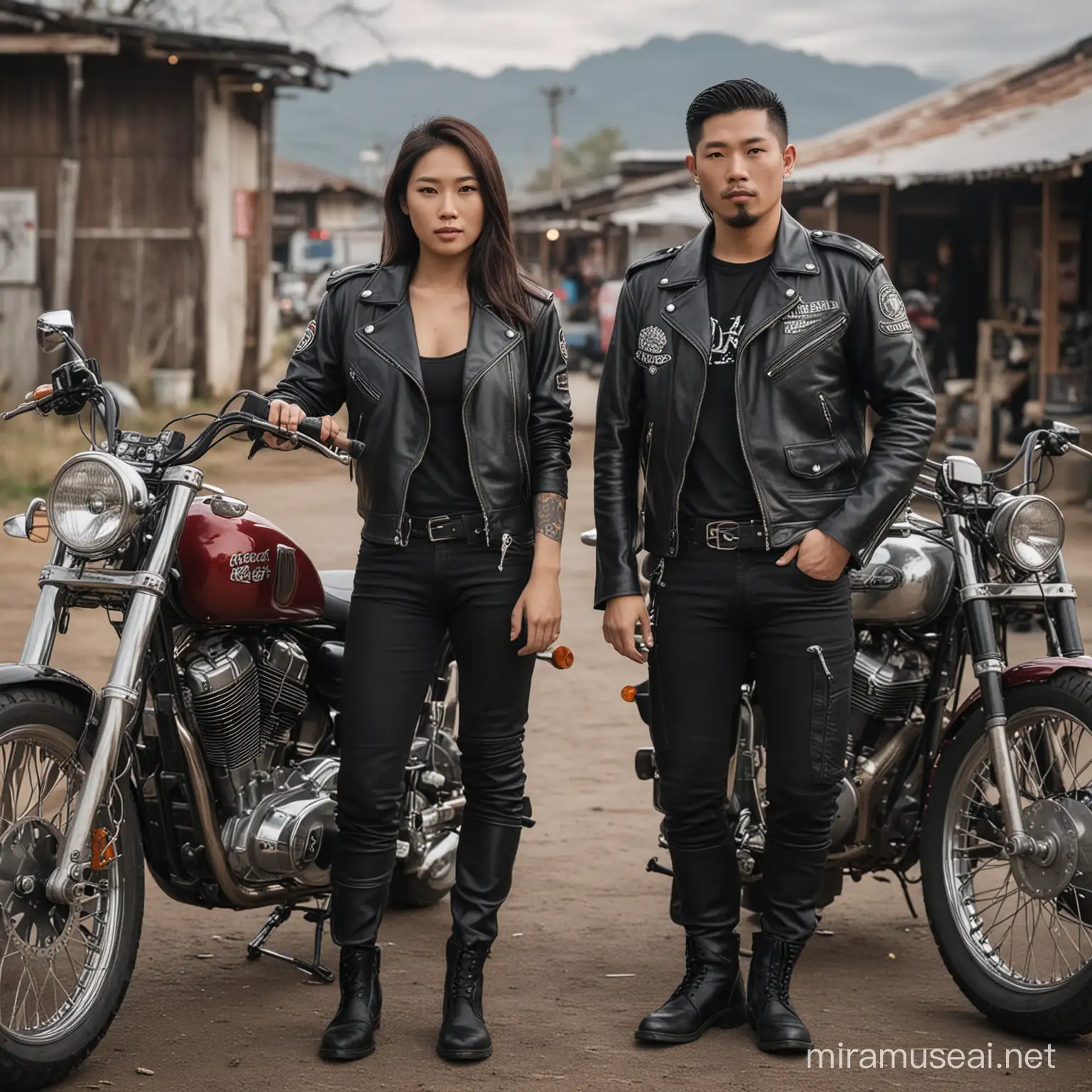 a beautiful man and woman asian, motorcycle club, natural not posing
