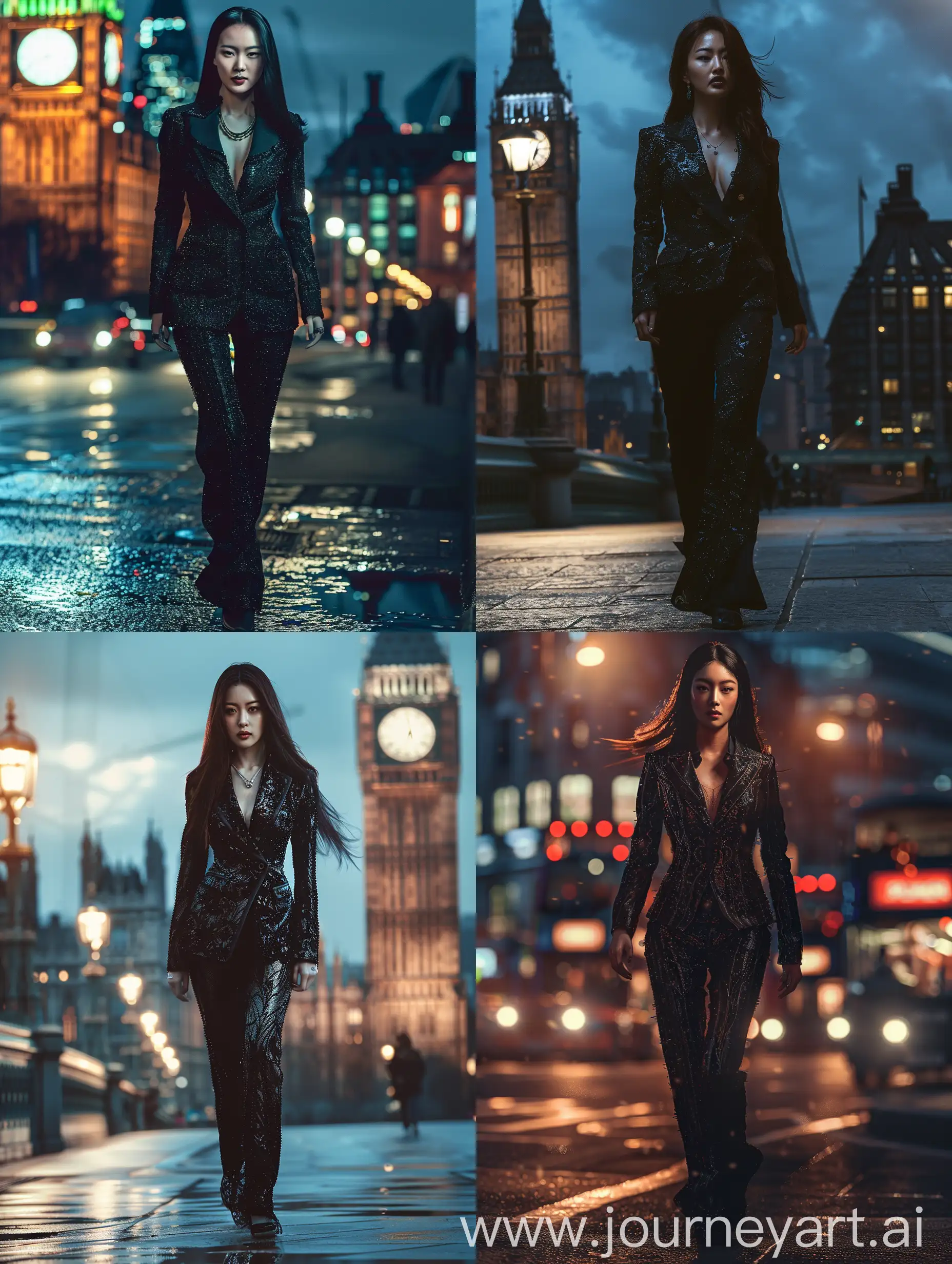 full body realistic photo of a vampire woman. Walking in night london background. korean british mixed heritage. Intense confidence and determination, intimidating. She is wearing black detailed elegant financial suit. dramatic light 