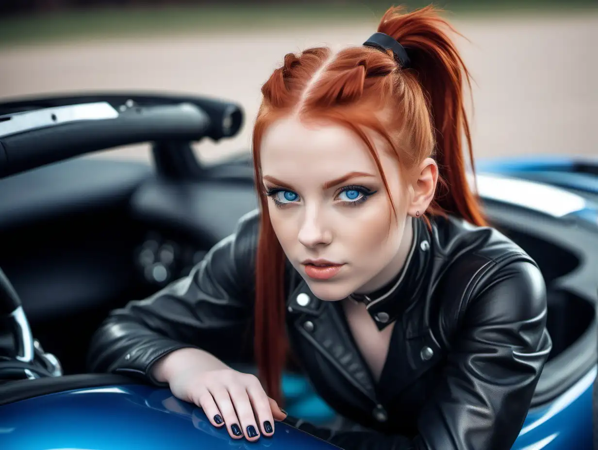 Young redhead with piercing blue eyes and ponytails wearing leather with in sports car