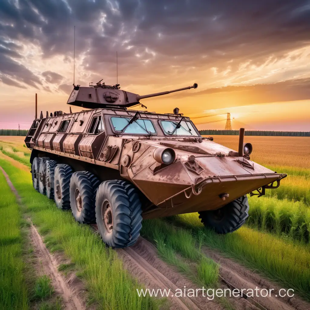 Twilight-Scene-Abandoned-Soviet-Armored-Personnel-Carrier-BTR70-Collided-with-Iron-Support-near-Field-and-Forest-at-Sunset