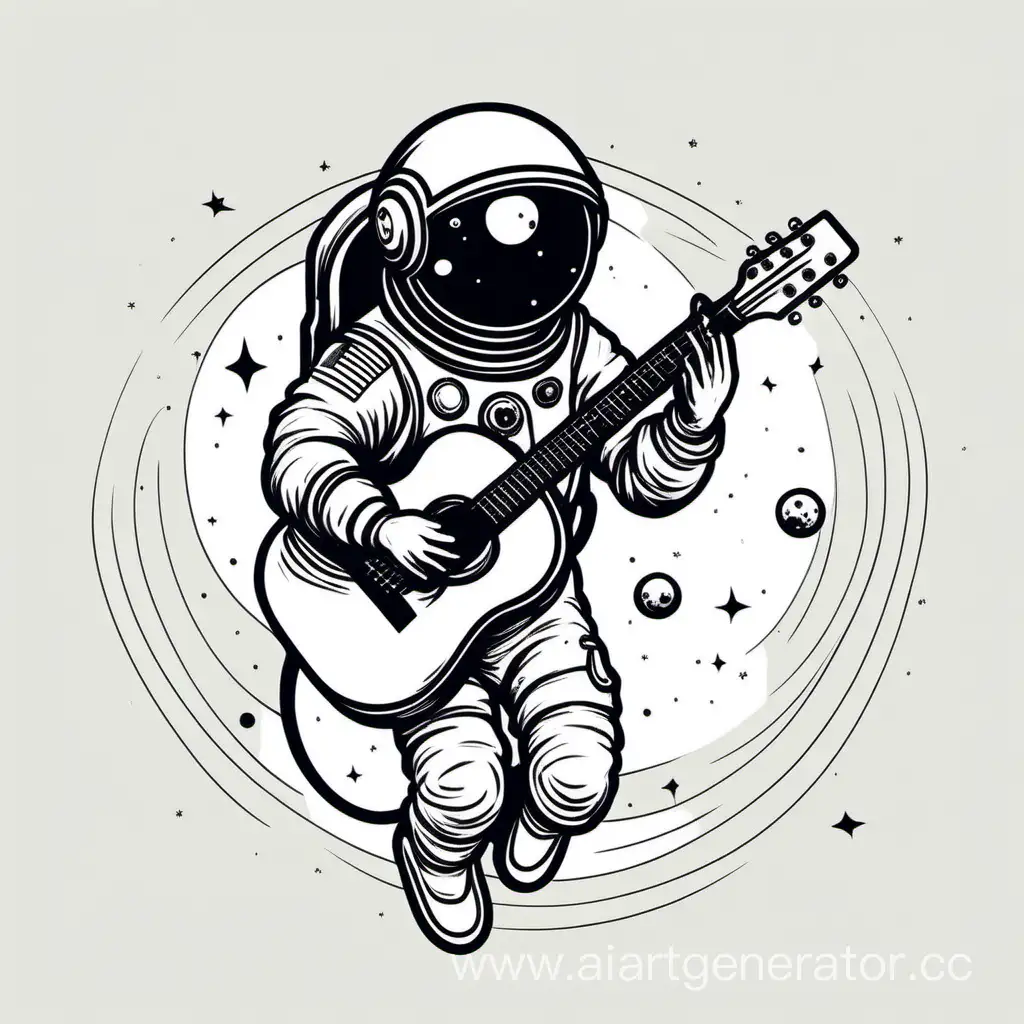 Create a stylish minimalistic drawing of an astronaut floating in space with a guitar in his hands. The illustration should be clean, with simple lines and minimal details to emphasize the space theme and the beauty of the infinite spaciousness of space.