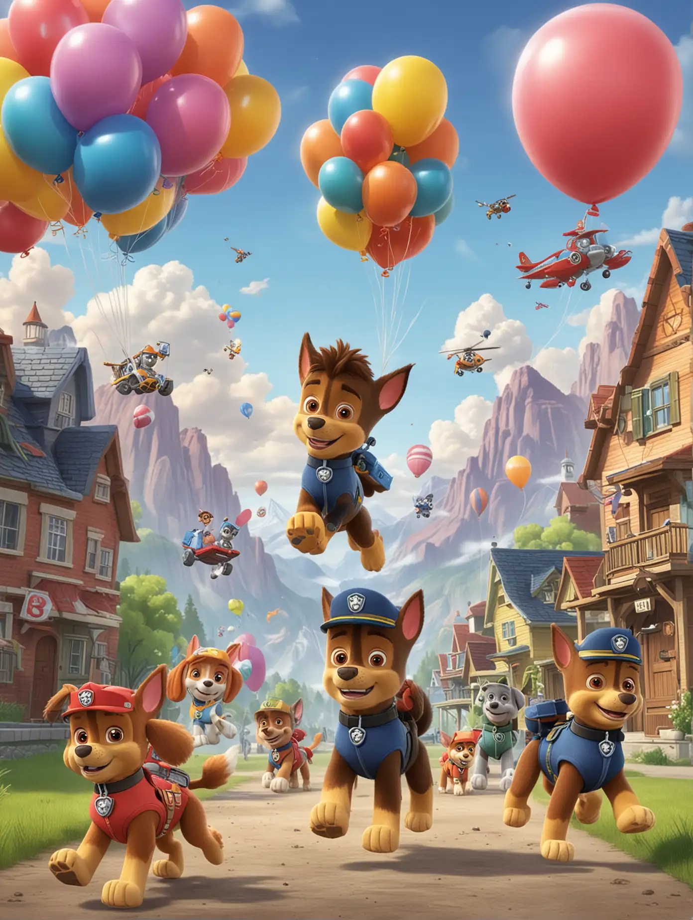 Create an image that depicts a scene from paw patrol without the characters add balloons 