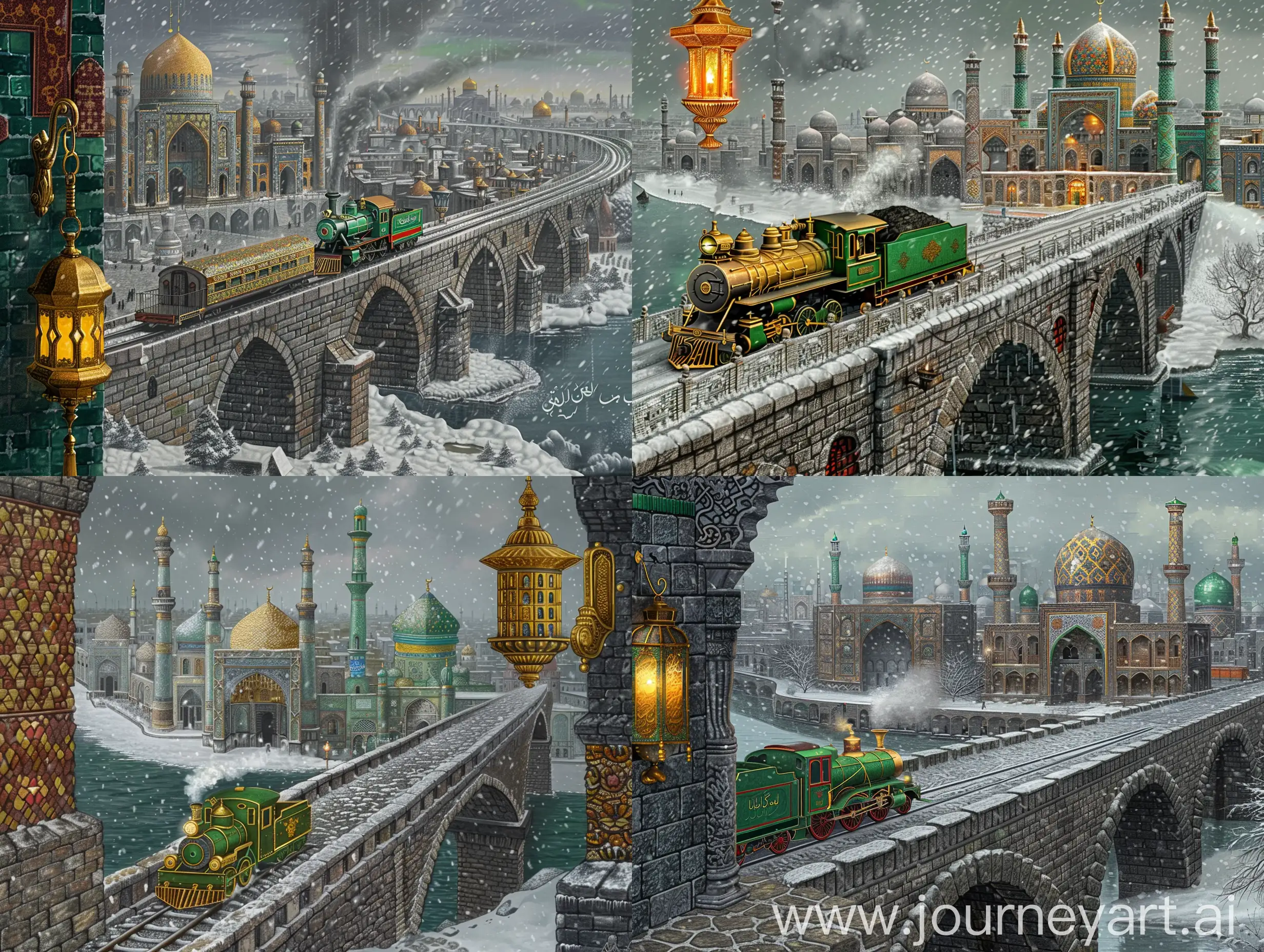 Persian miniature painting having Chinese painting influences with dazzling grey green red details of vibrant ancient chinese art: A stonebridge going towards into a seafront city, a green golden steam engine train moving on the bridge towards the middle of city, in the background is the wide seafront city full of Persian tiled Uzbekistan mosques and Isfahan mosque covered with persian tile exterior and gold ornaments, dark grey dramatic weather, snowfall, a glorious islamic lamp hanging on side of the image --ar 4:3