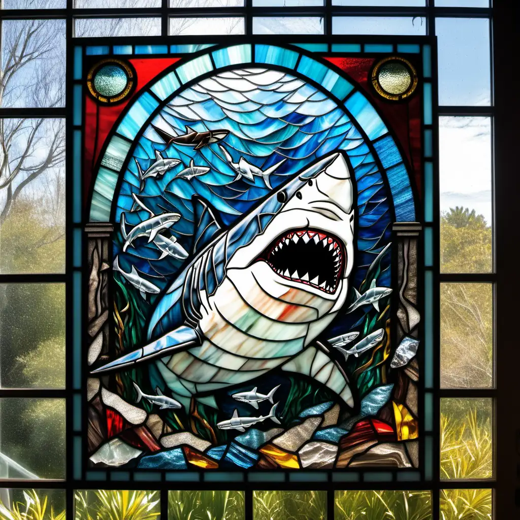The Jaws movie poster made of stained glass pieces. In the style of classical stained glass artwork. We see the head of a great whit shark coming from below.
