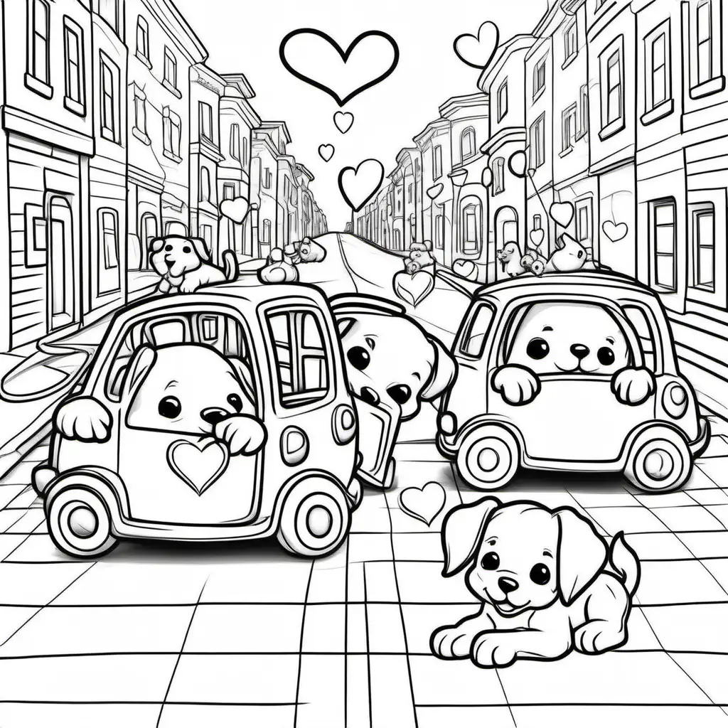 Adorable Puppy Playtime Heart Car Coloring Pages for Kids