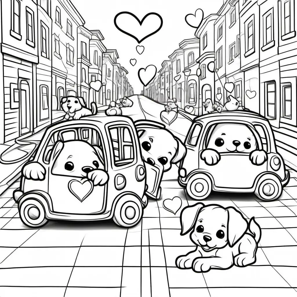 love puppies, playing in the street with heart cars around, dark lines, no color, no shading, coloring pages for kids

