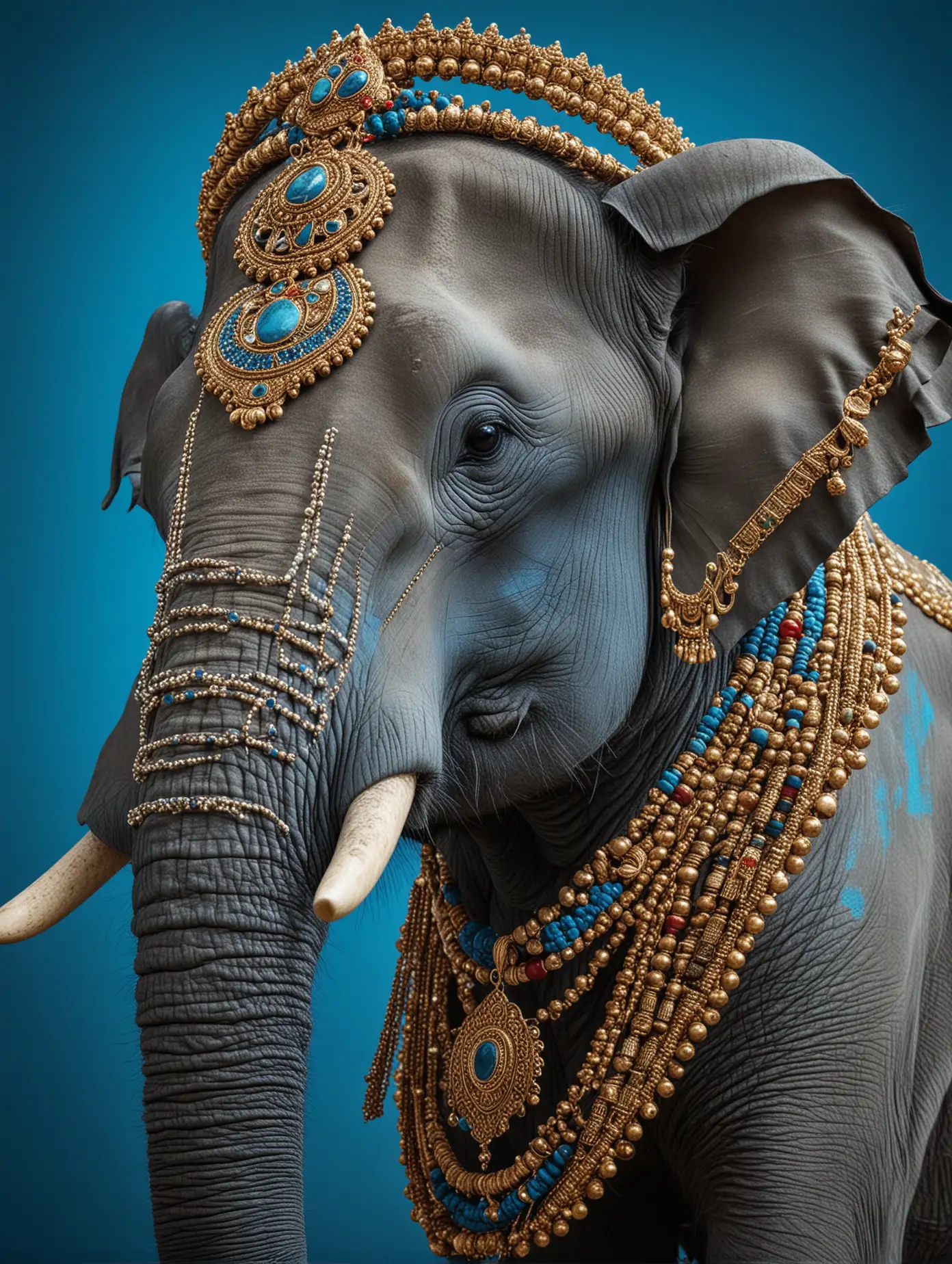 poster of photograph of elephant wearing jewellery blue background