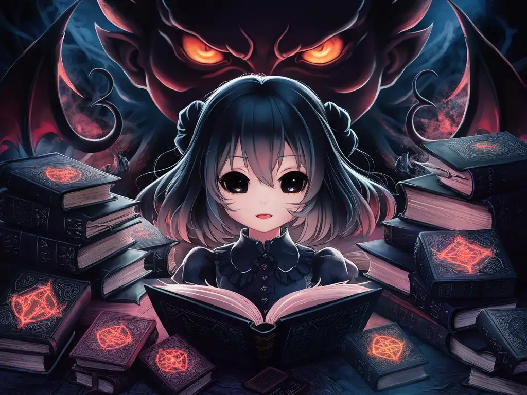 Anime style, goth girl, black eyes, books, devil