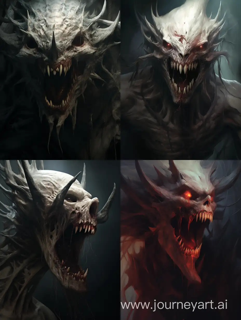 demonic being, no eyes, big mouth and fangs, aberration, pale skin