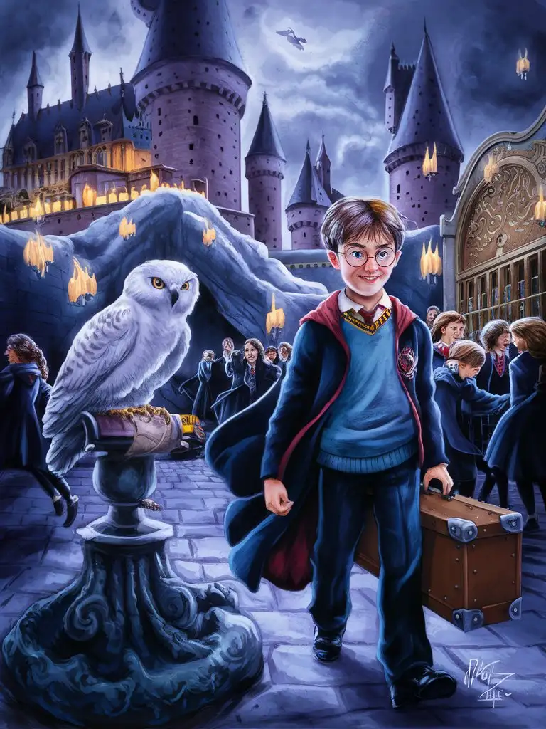 Harry-Potter-Arriving-at-Hogwarts-with-an-Owl-in-a-Cage