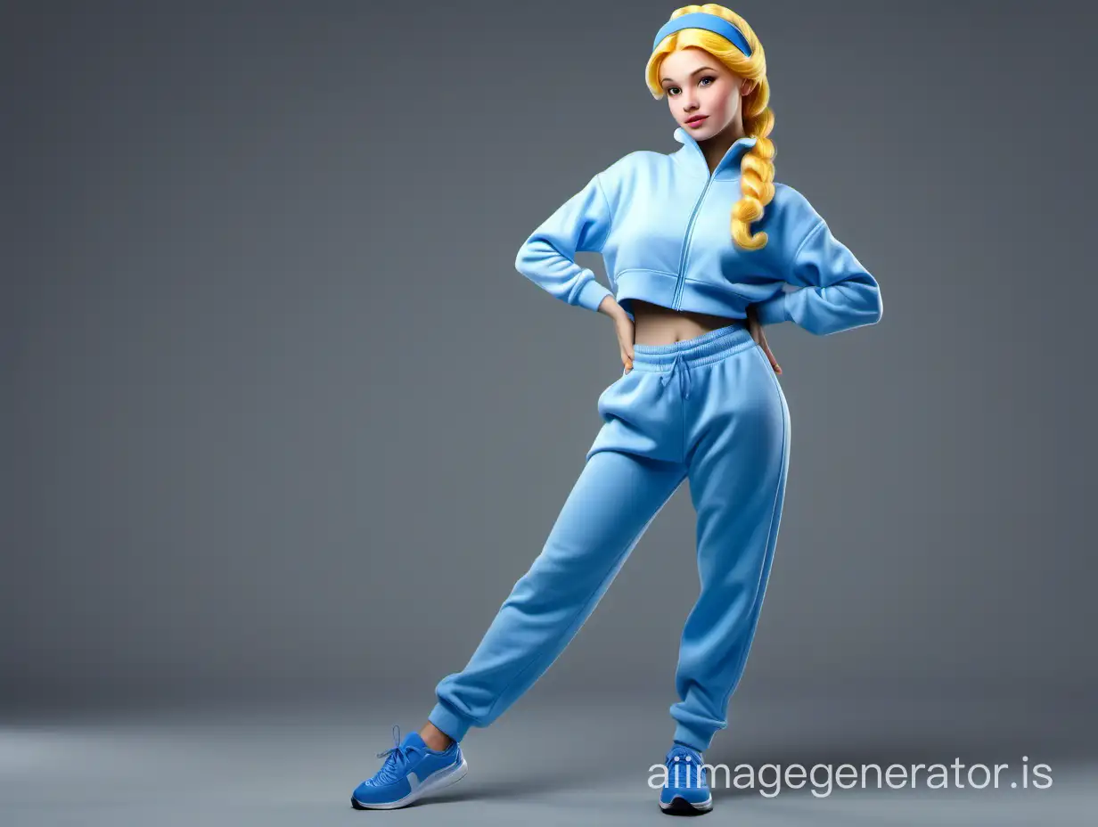 Disney princess Cinderella in a blue tracksuit, with a blue headband on her yellow gathered up hair, looks like a real modern girl, identical eyes, full-length realistic photo, 5 fingers on hands, symmetrical proportions, realistic pose, HD quality