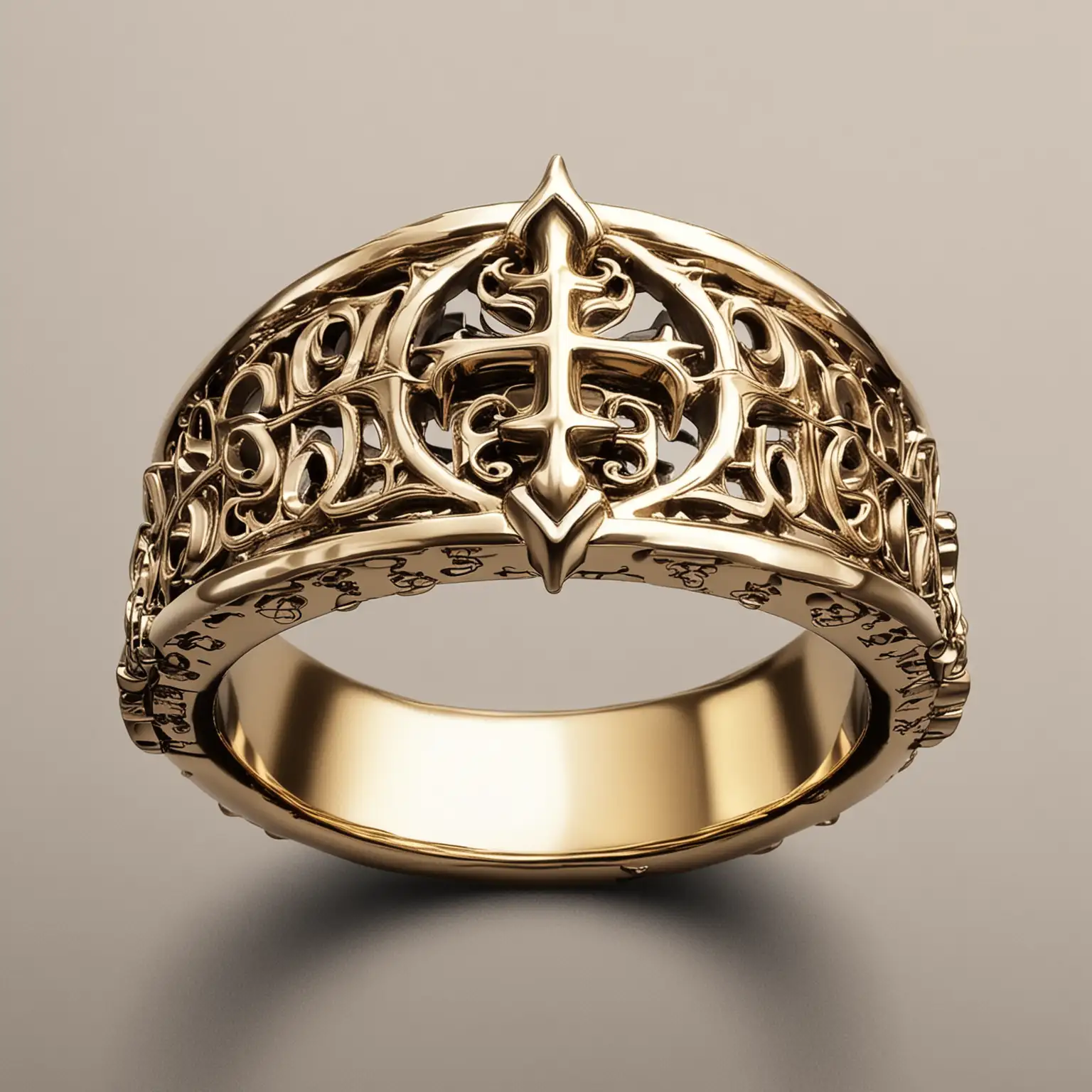 drawing of a gold gothic ring like chrome hearts style 