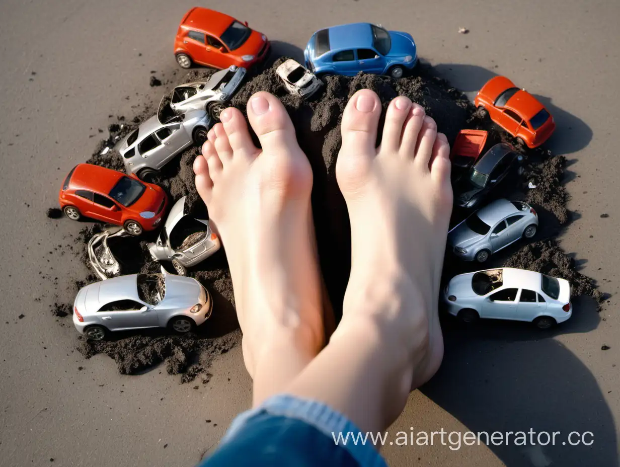 Photo of sole of a girl's foot, a few small cars are crushed,flattenes and stuck to the sole