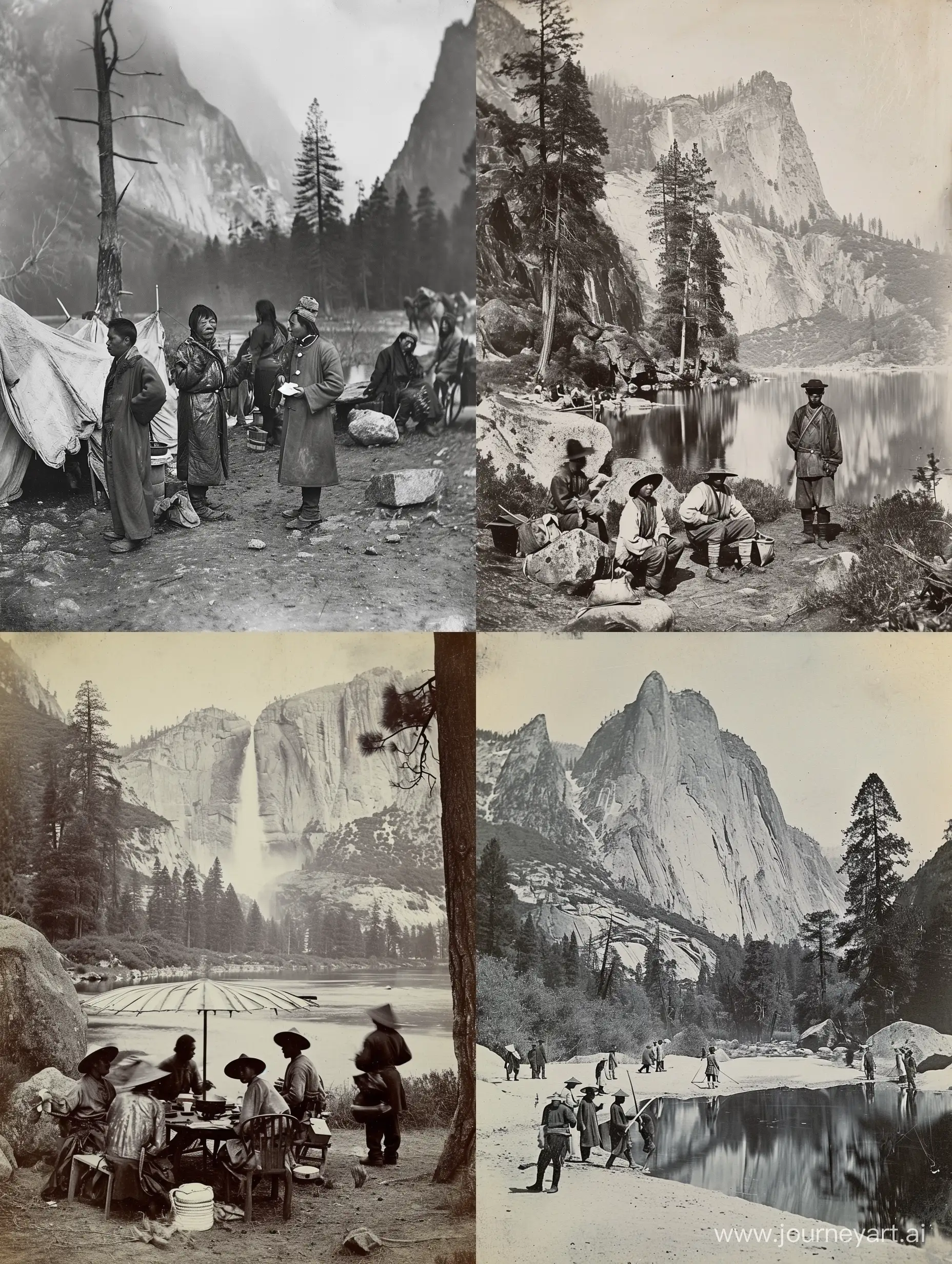 Historical black and white photographs depicting Chinese people at Yosemite in the late 1800s.