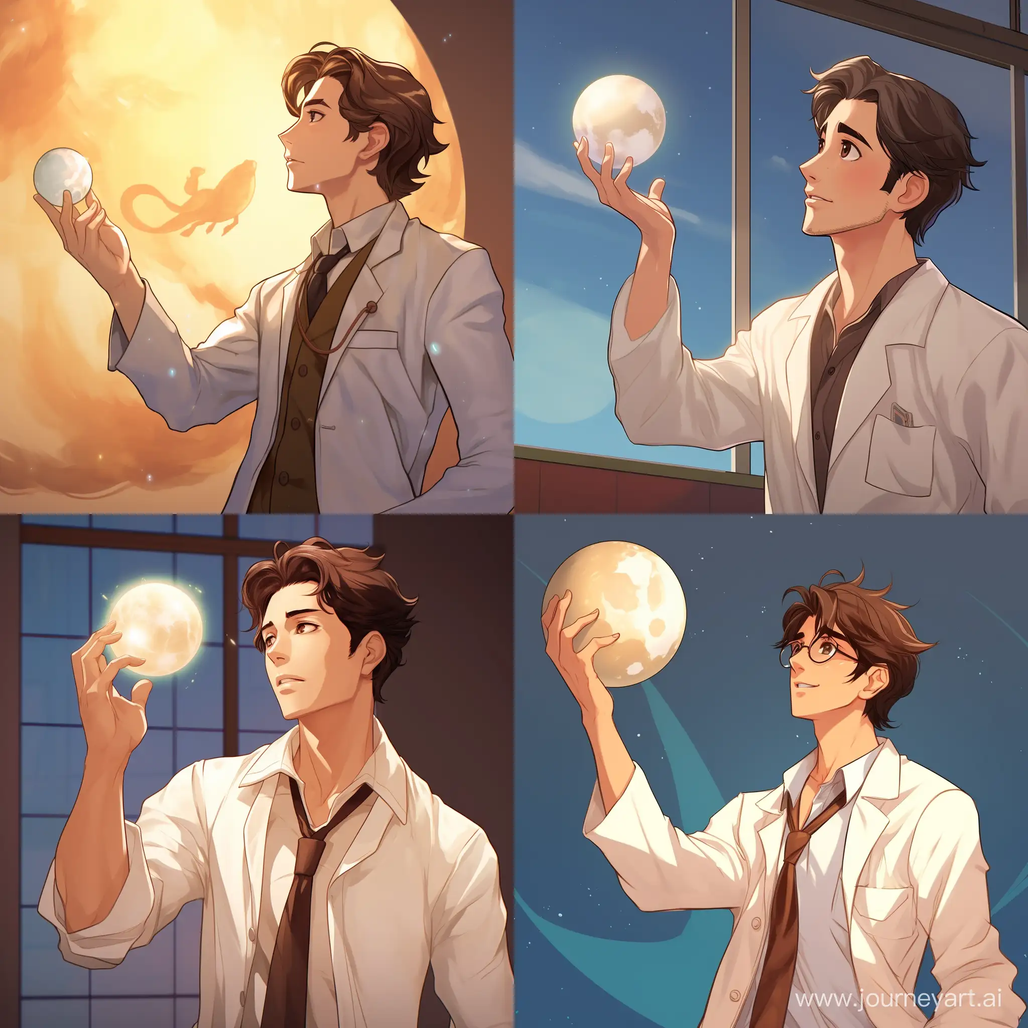 Create an anime-style illustration featuring a male scientist characterized by brown hair and attired in a lab coat. Capture him engaged in a scene where he is gazing at a small ball floating a few centimeters above his open right hand