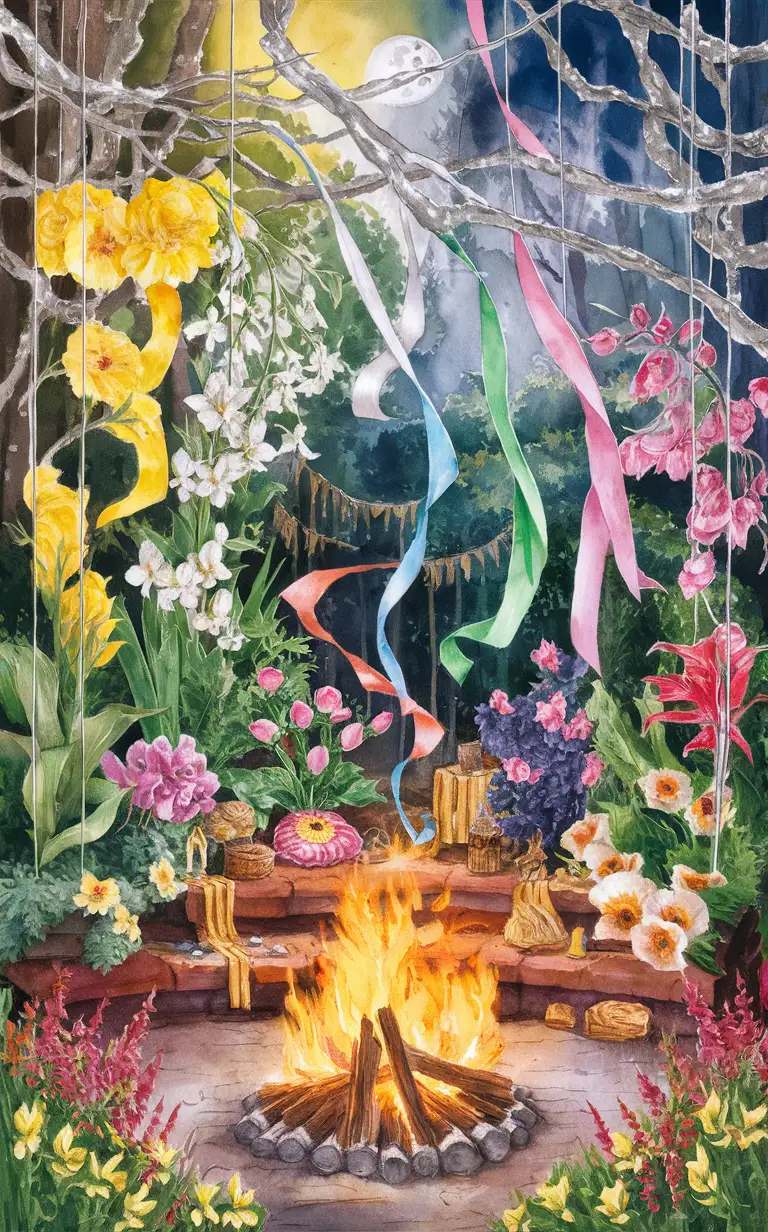 Beltane altar aesthetics, bonfire, sun, flowers, colored ribbons, yellow, white, green, pink, reds, love and beauty,  aquarelle style, magical, silver pigment, watercolor drawing