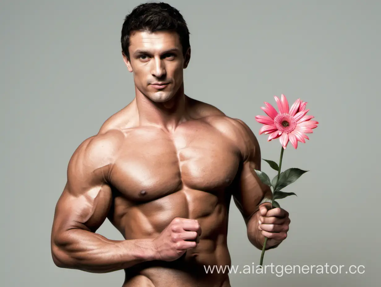 голый торс накаченный мужчина держит цветок