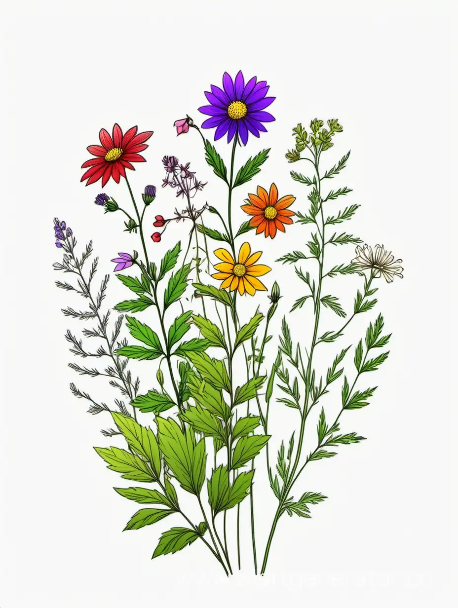 a colorful wildflower lines art, simple, herb, Unique floral, botanical ,grow in cluster, 4K, high quality, white background, 