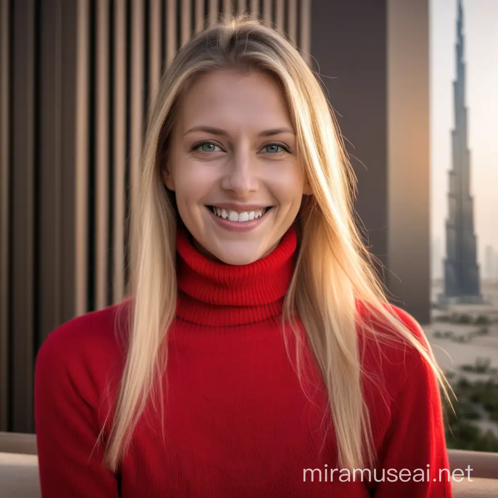 Mujer alemana de 31 años, sonriente, cabello largo liso rubio, con jersey cuello tortuga,color rojo,en Dubái.