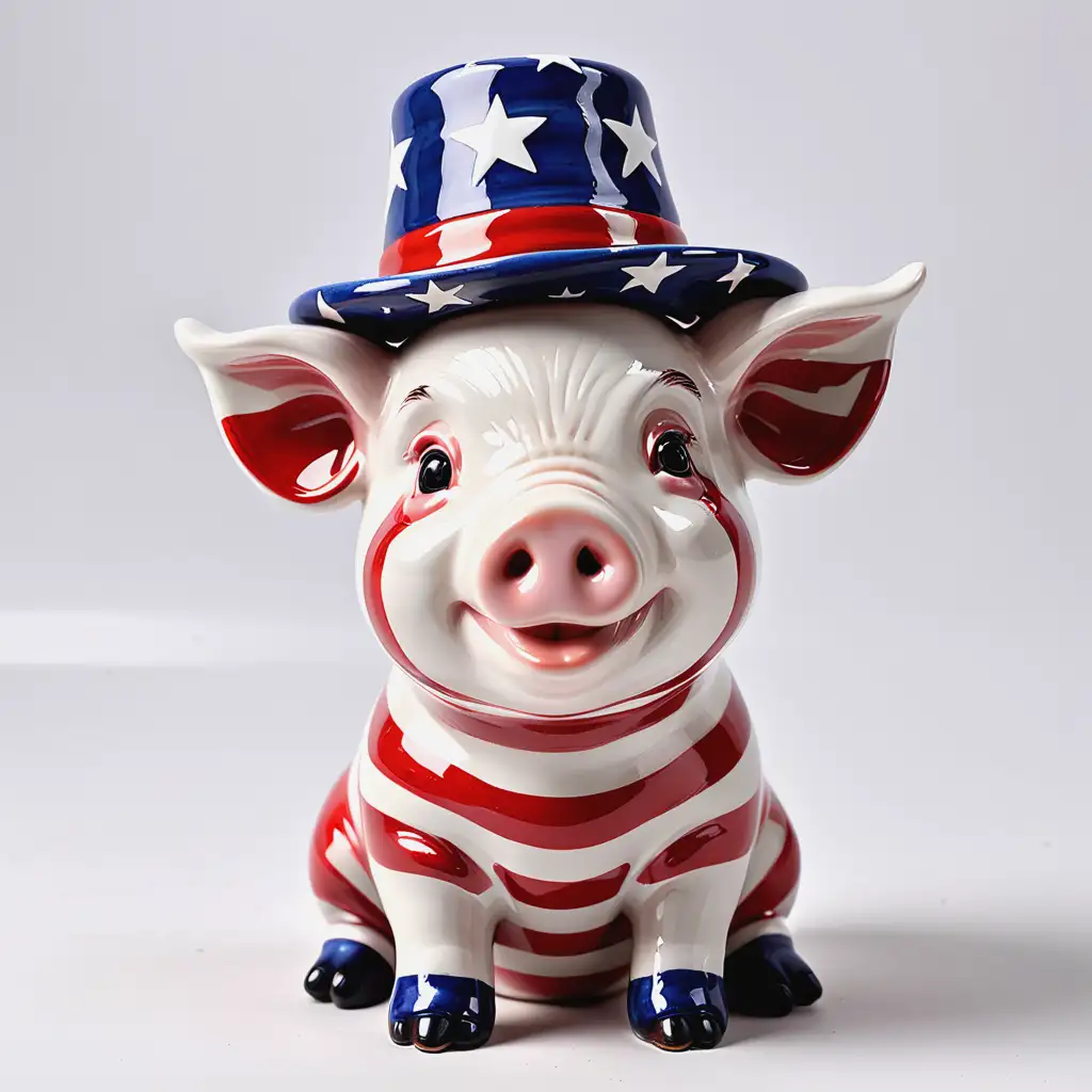 Cute White Pig with Hat Independence Day Ceramic Decoration on Red and White Striped Background