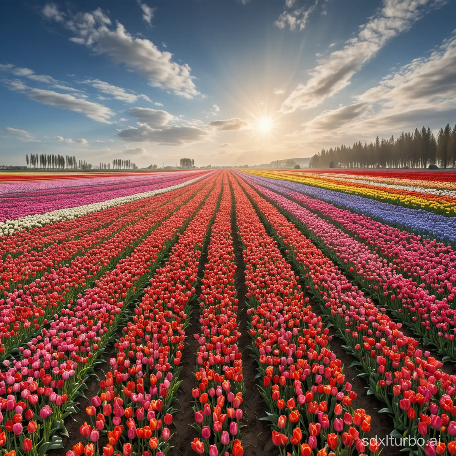 Of course! Here's the theme "A field of tulips in full spring" harmonized with the QUALIFIERS:

"Imagine a field of tulips in full spring, with endless rows of colorful flowers in vibrant hues, creating a floral carpet stretching to the horizon under a clear blue sky, captured with the following QUALIFIERS: (((Best quality))), (((Best focus))), (((Best angle))), (((Best lighting))), (((Intricate details))), (((Harmonious scenery))), (((Best composition))), (((Richness of details)))."