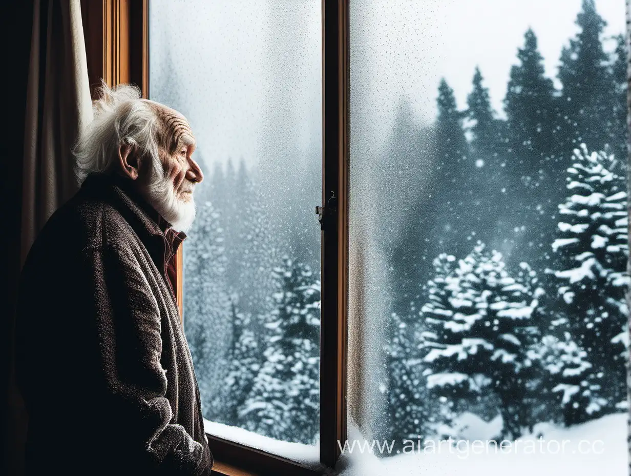 Old man looking out the window of his house at a snowy landscape with pine trees with snow falling heavily