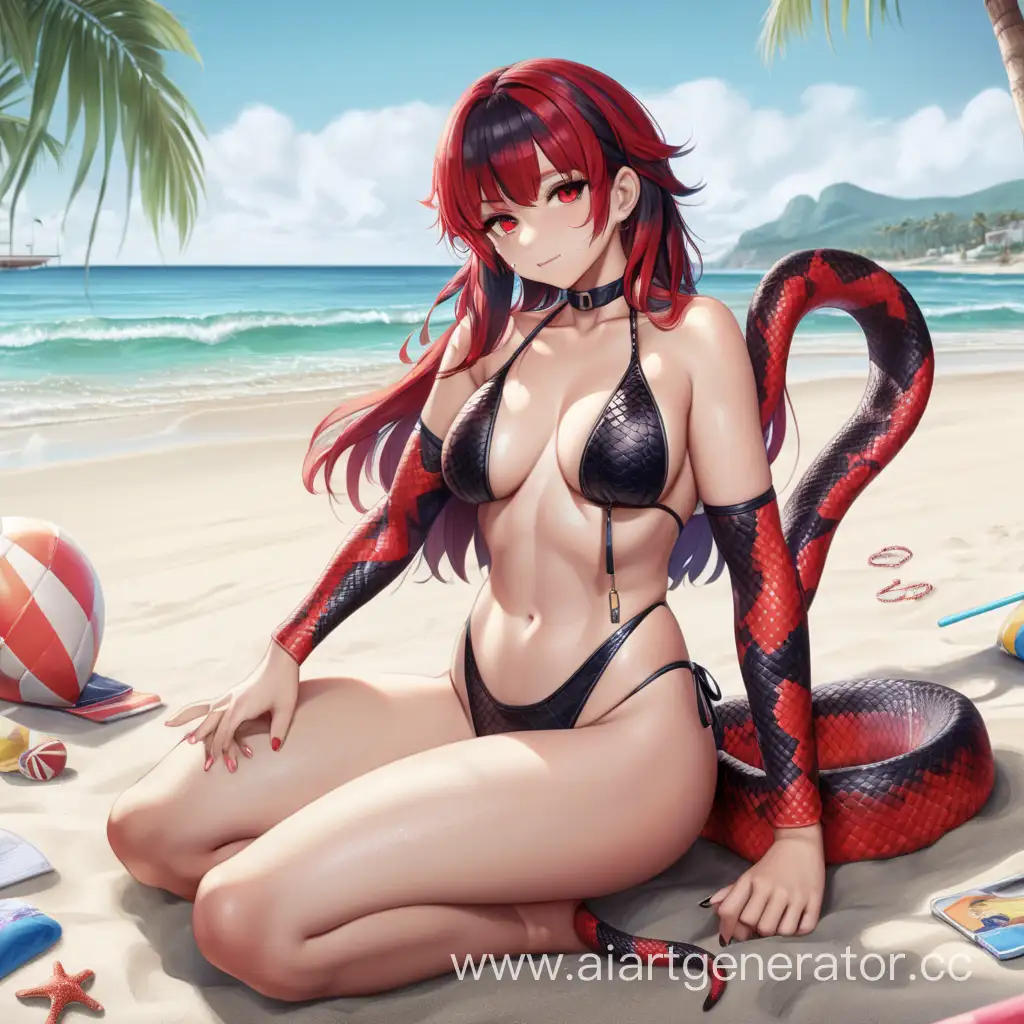 Фурри-змея с чёрно-алой чешуёй в откровенном купальнике отдыхает на пляже