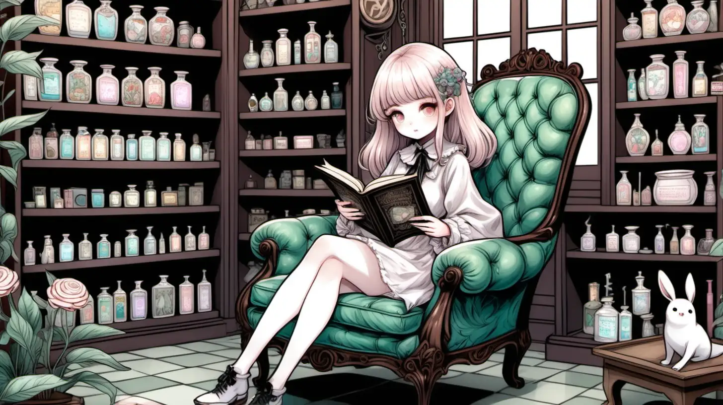 a cute girl sits reading in an antique salon chair, in an occult apothecary shop, kawaii-kei illustration, detailed and kawaii aesthetic, pale flowery colours, cute