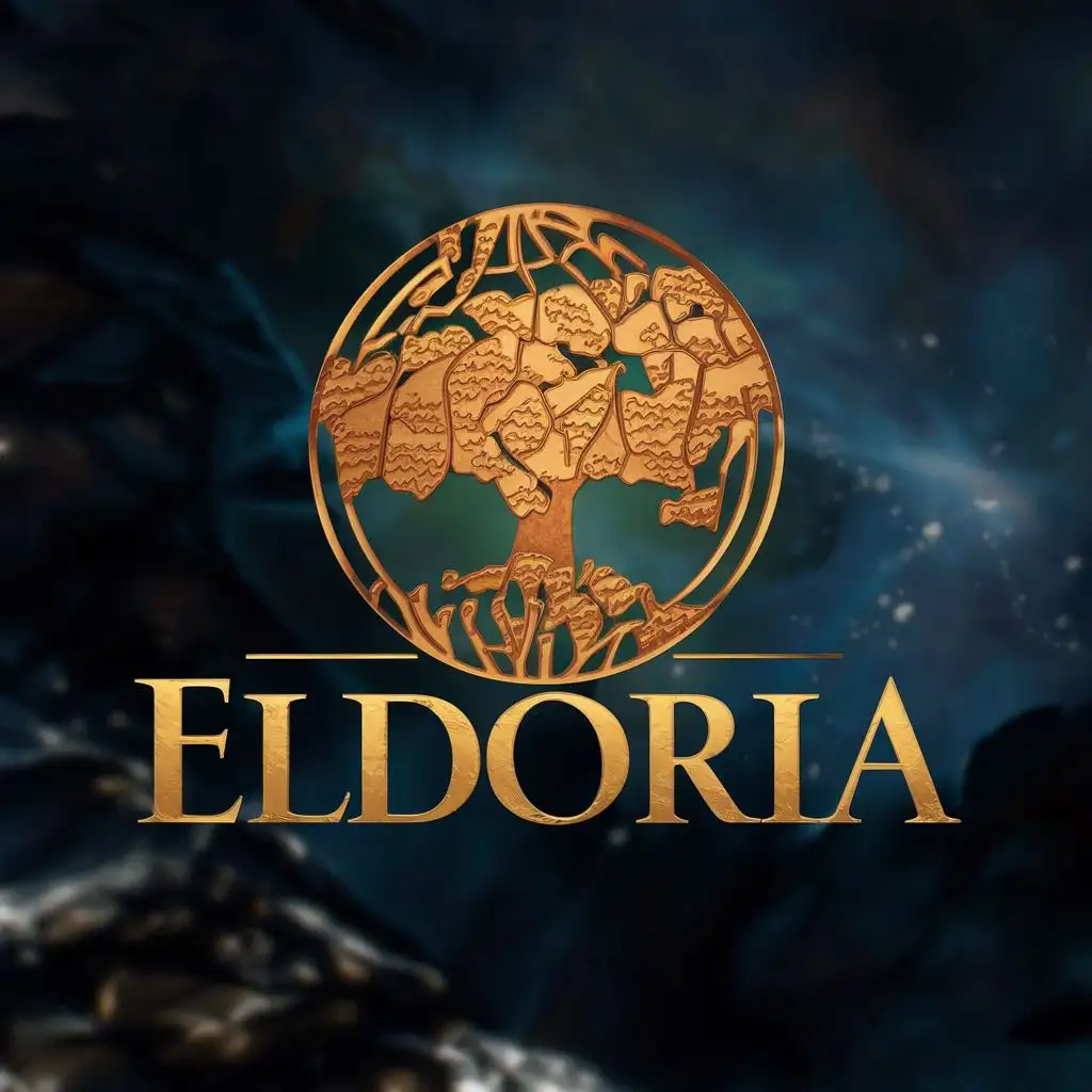 logo, World Tree, with the text "Eldoria", typography, be used in Entertainment industry
