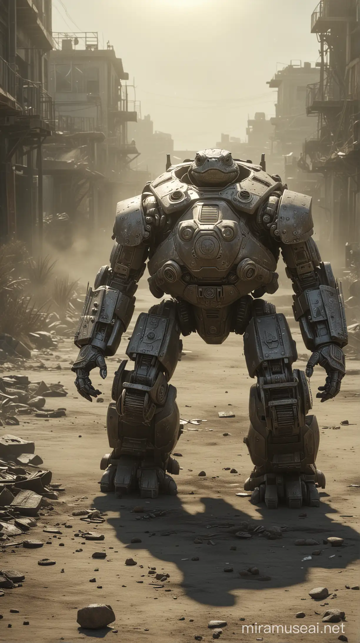 Epic Mecha Turtle in Fallout War Scene Cinematic Still with Dust and Particles