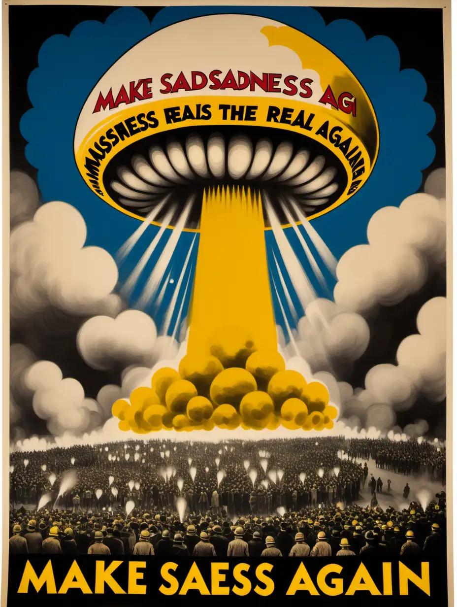ancient hand painted protest poster, multiple mushroom cloud smoke bombs, asymmetrical, 1960s look, with the text "MAKE SADNESS REAL AGAIN", search lights in the sky, crowds of protesters, mustard gas