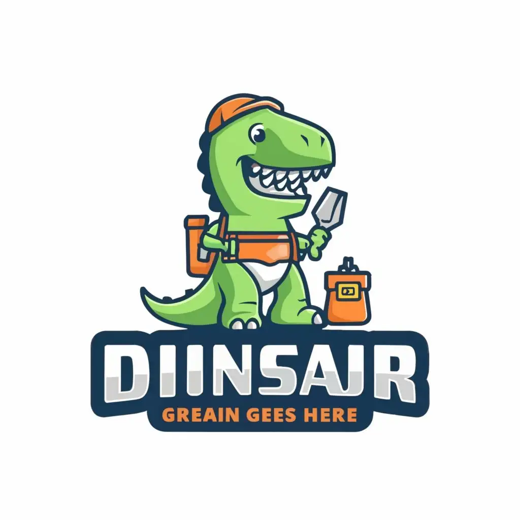 logo, cute dinosaur in green construction suit, cartoon, with power tools and bag, with the text "_", typography, be used in Technology industry