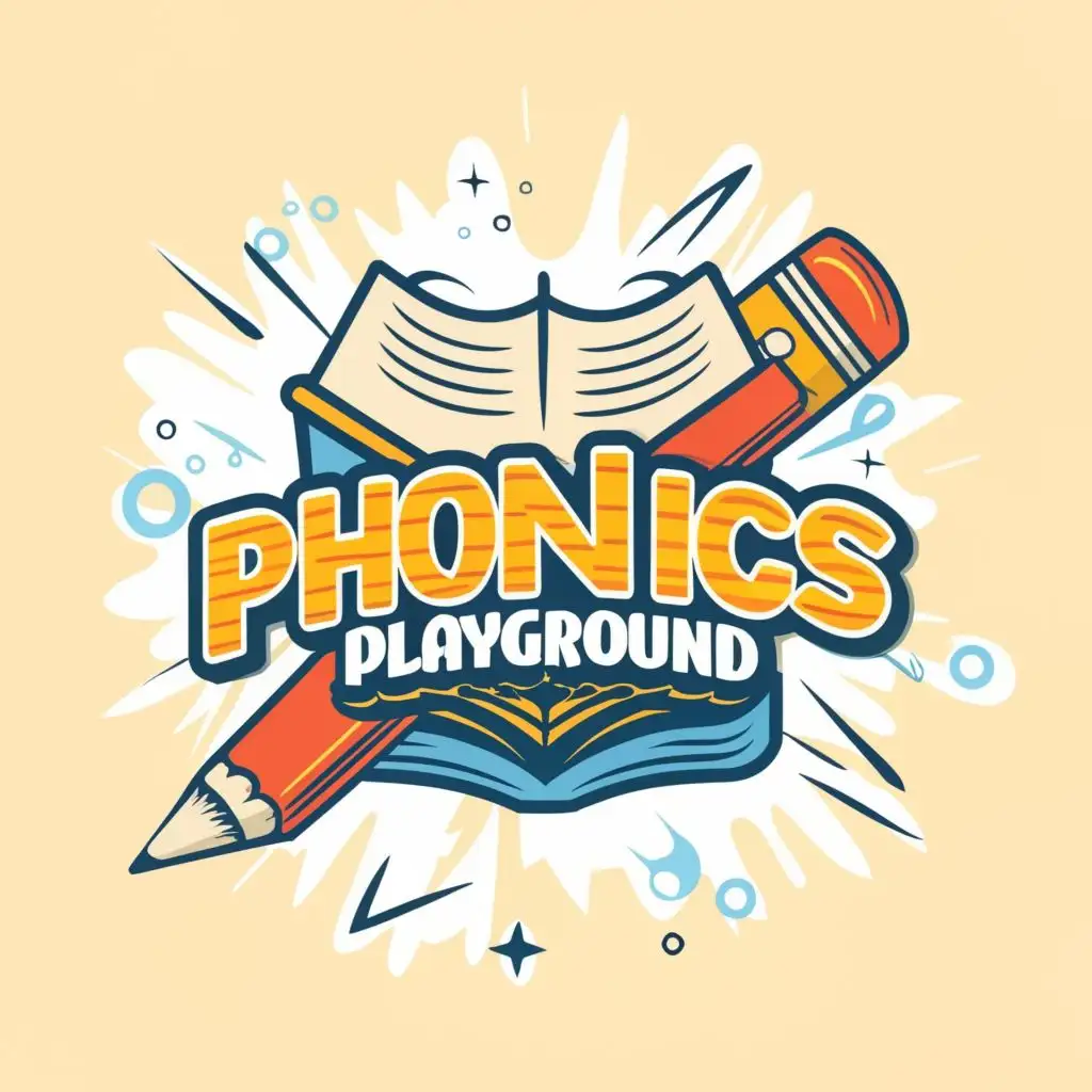 logo, Pencil and book, with the text "Phonics Playground", typography, be used in Education industry