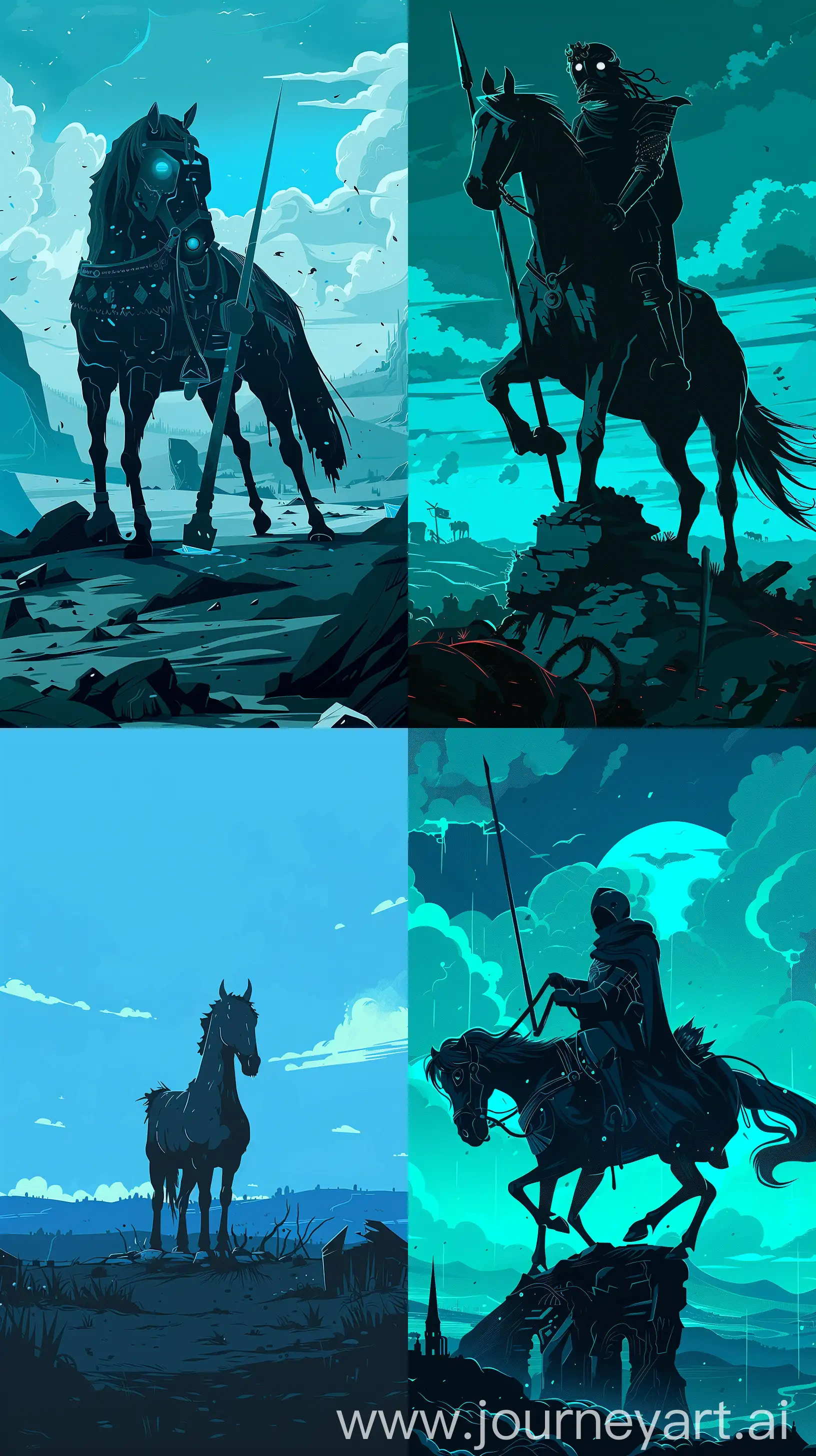 Cartoon illustration, Depict a reimagined version of one of the Four Horsemen of the Apocalypse, adhering to Antony cairns aesthetic. The character should be striking, with solid blacks and a minimalistic approach, set against a landscape that reflects the horseman's domain, whether it be war, disaster, apocalypse, . 8k uhd Maximalist Details, phone wallpaper, blue colour --ar 9:16
.```