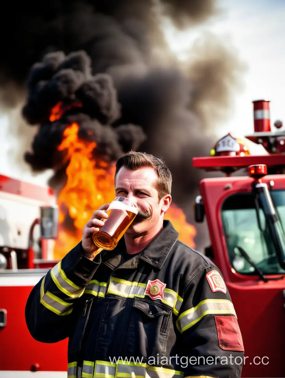 Усатый пожарный пьет пиво когда горит пожарная машина