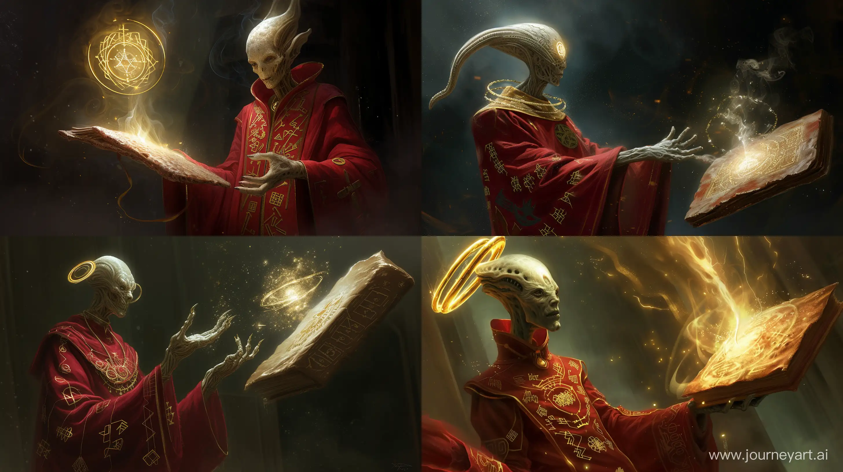 alien-sorcerer, conjuring up power from a floatina futuristic-sorcerer, with elongated head and golden circlet, wearing a red robe with arcane symbols of gold etched.
the sorcerer is conjuring up a spell from a floating, old skin-bound book, dramatic lighting, highly detailed --ar 16:9