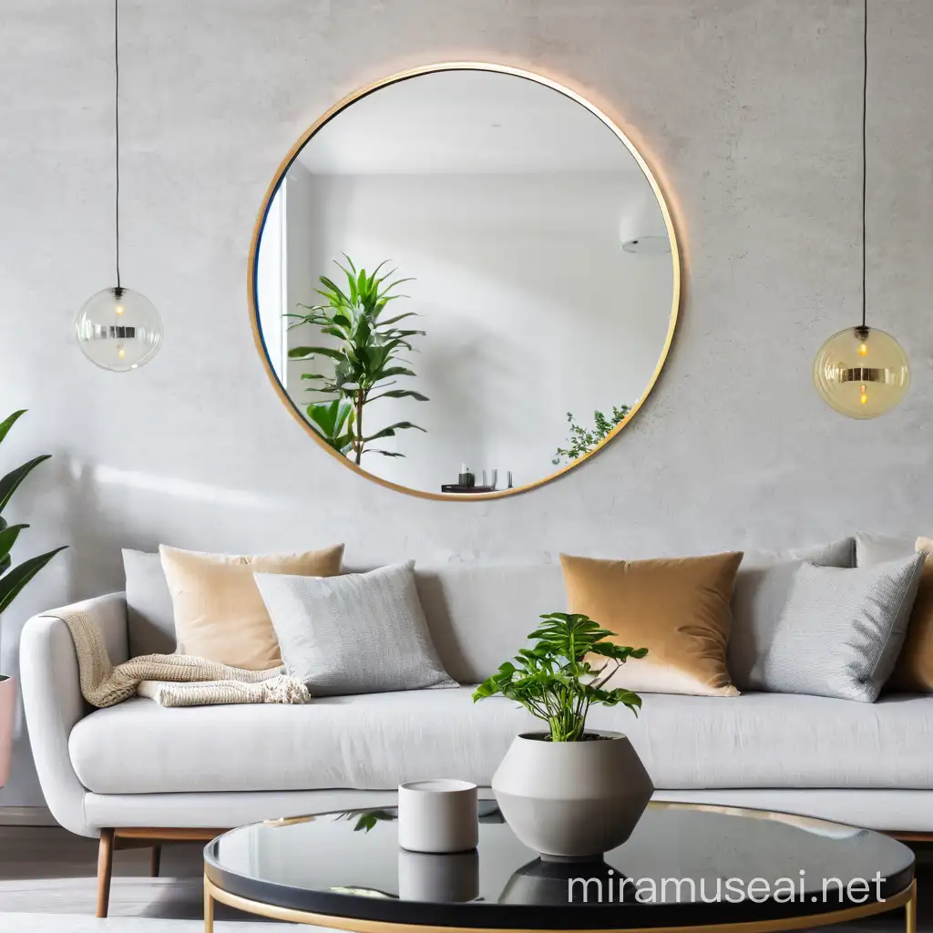 modern living room with plants and light. modern mirror. put warm back light of mirror