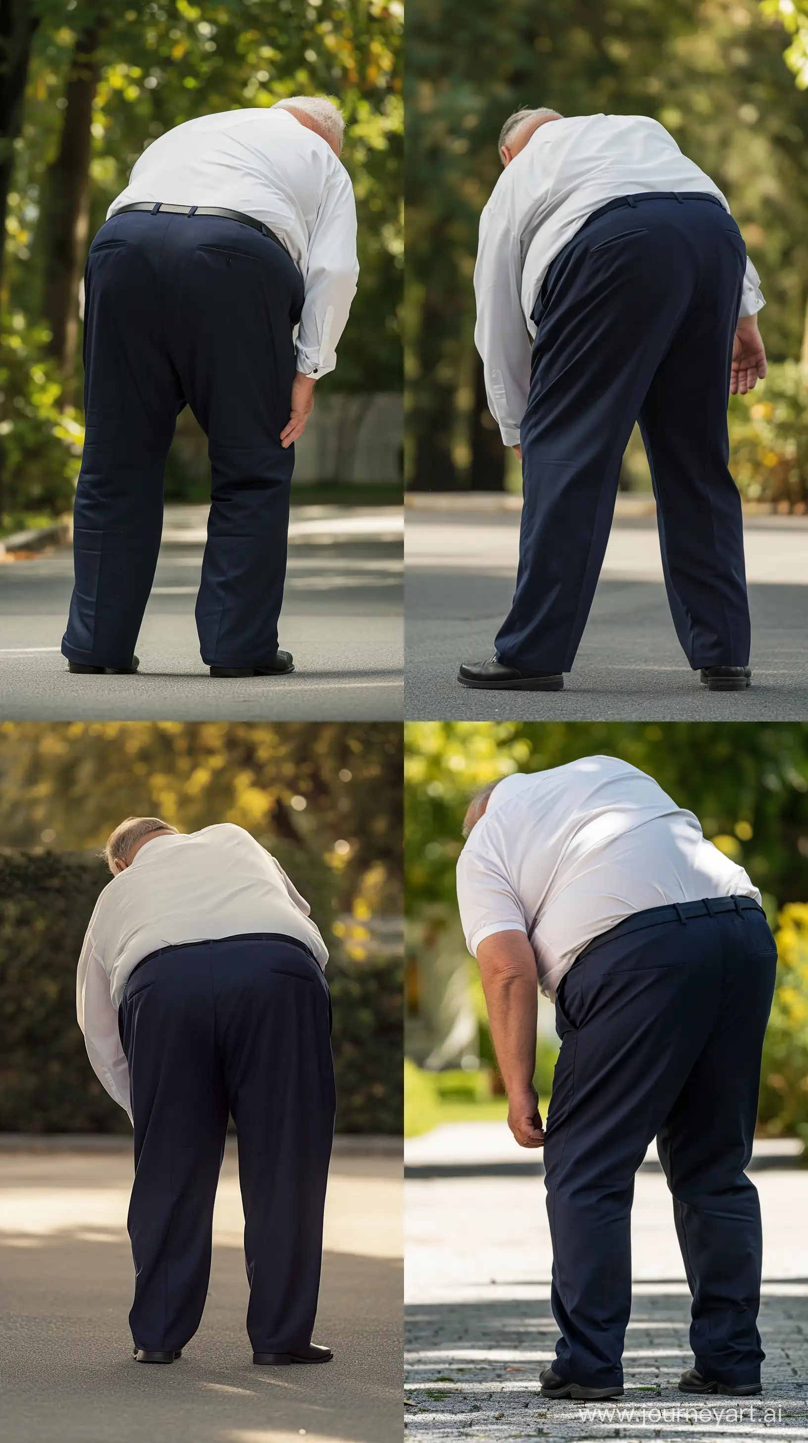 Back view photo of a very obese man aged 70 wearing navy business pants and a white shirt. He is bending over. Outside. --style raw --ar 9:16 --v 6