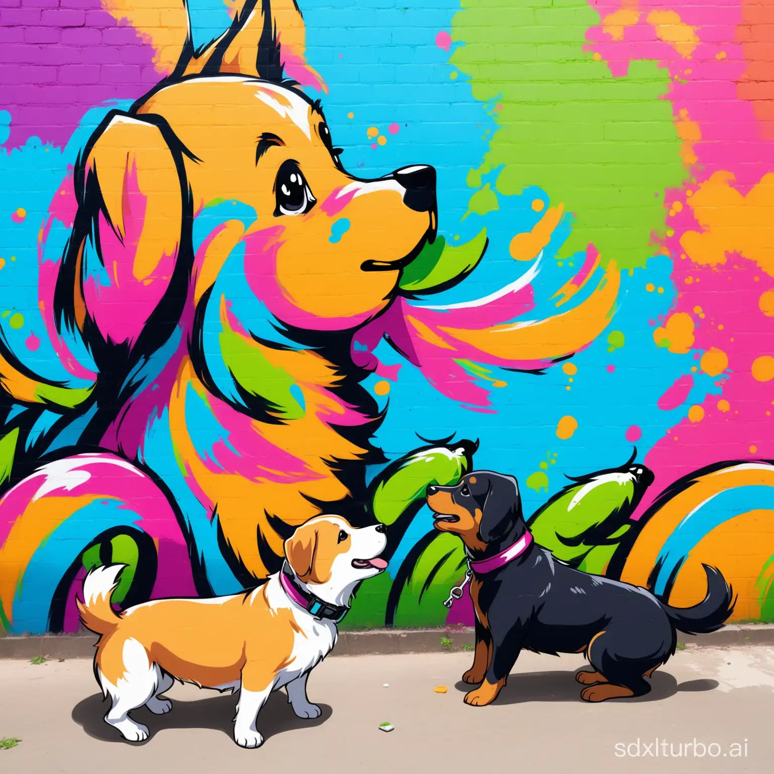 Draw a professional and colorful graffiti with nature and dogs playing happily