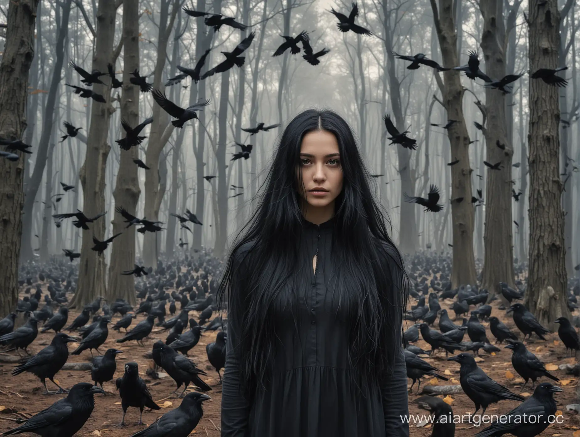 Девушка с длинными черными волосами в лесу, вокруг много ворон