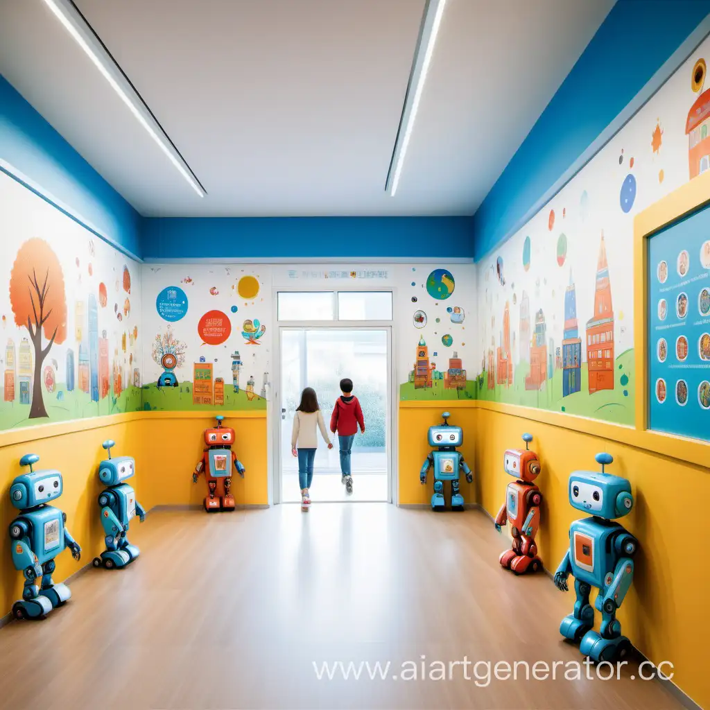 The kindergarten of the future, the entrance area is decorated with bright illustrations depicting various languages of the world, as well as friendly robots, so that children immediately feel the atmosphere of exciting learning.