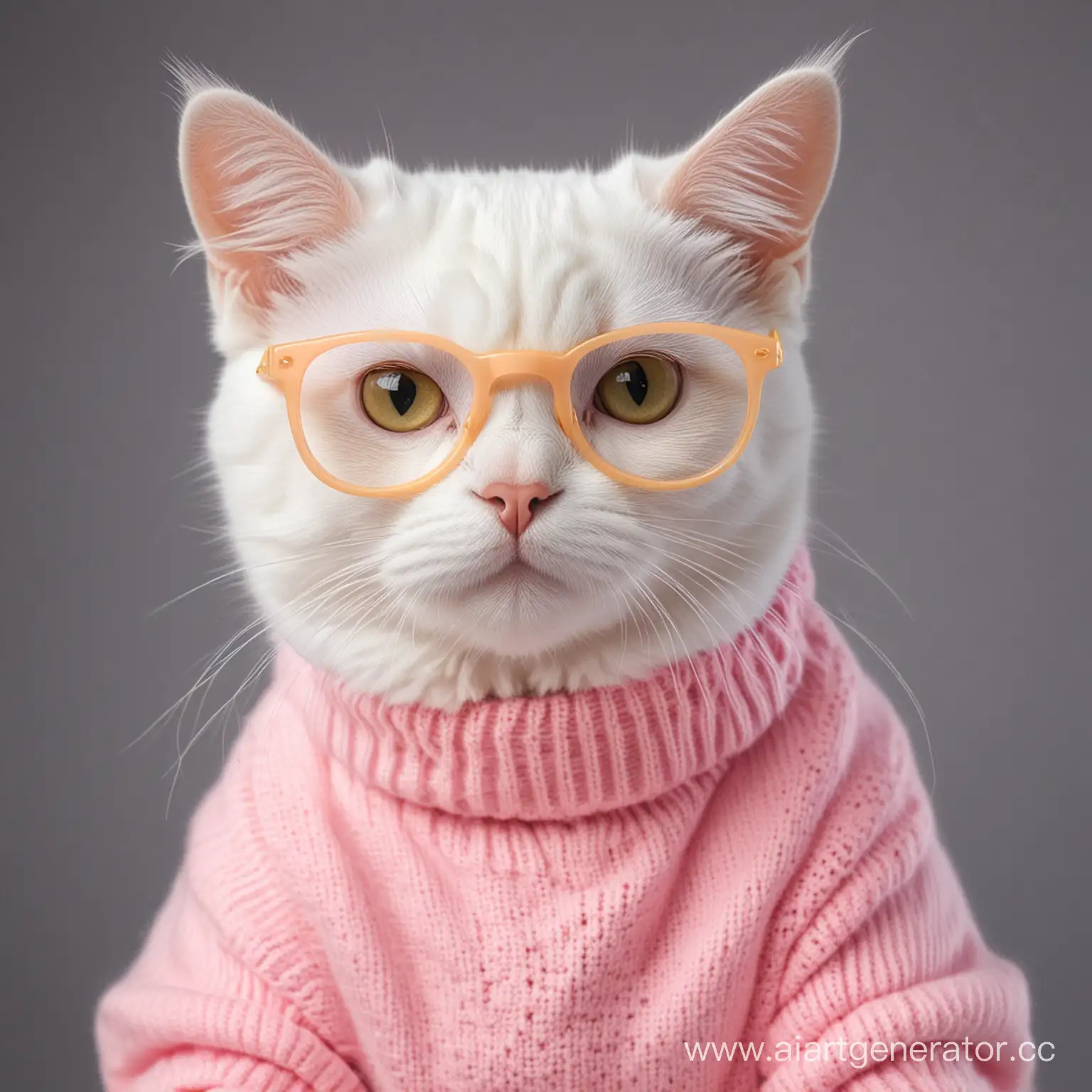 Fluffy-White-Cat-in-Stylish-Yellow-Glasses-and-Chic-Pink-Sweater