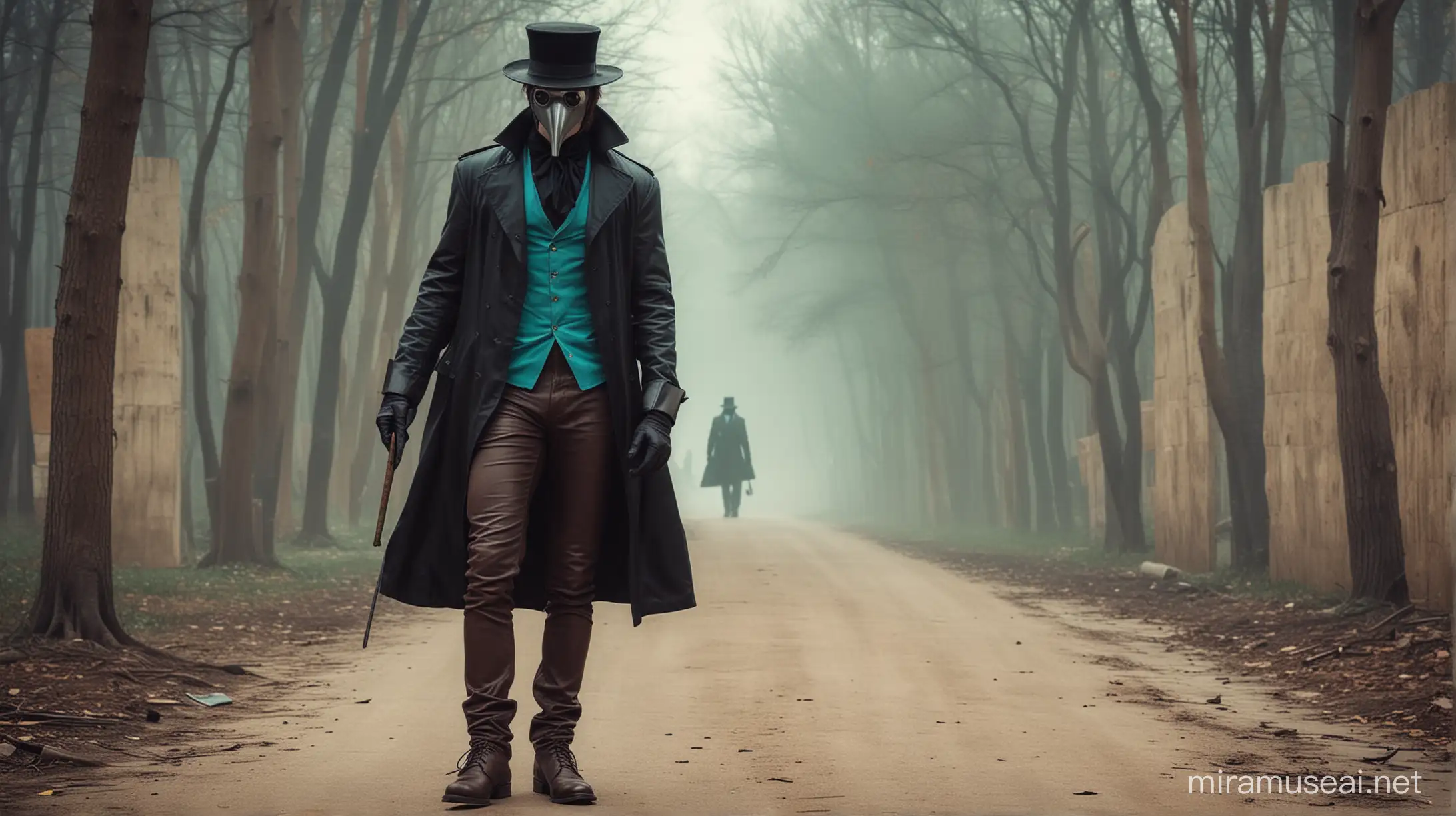 Elegant Plague Doctor in Turquoise TShirt and Leather Coat