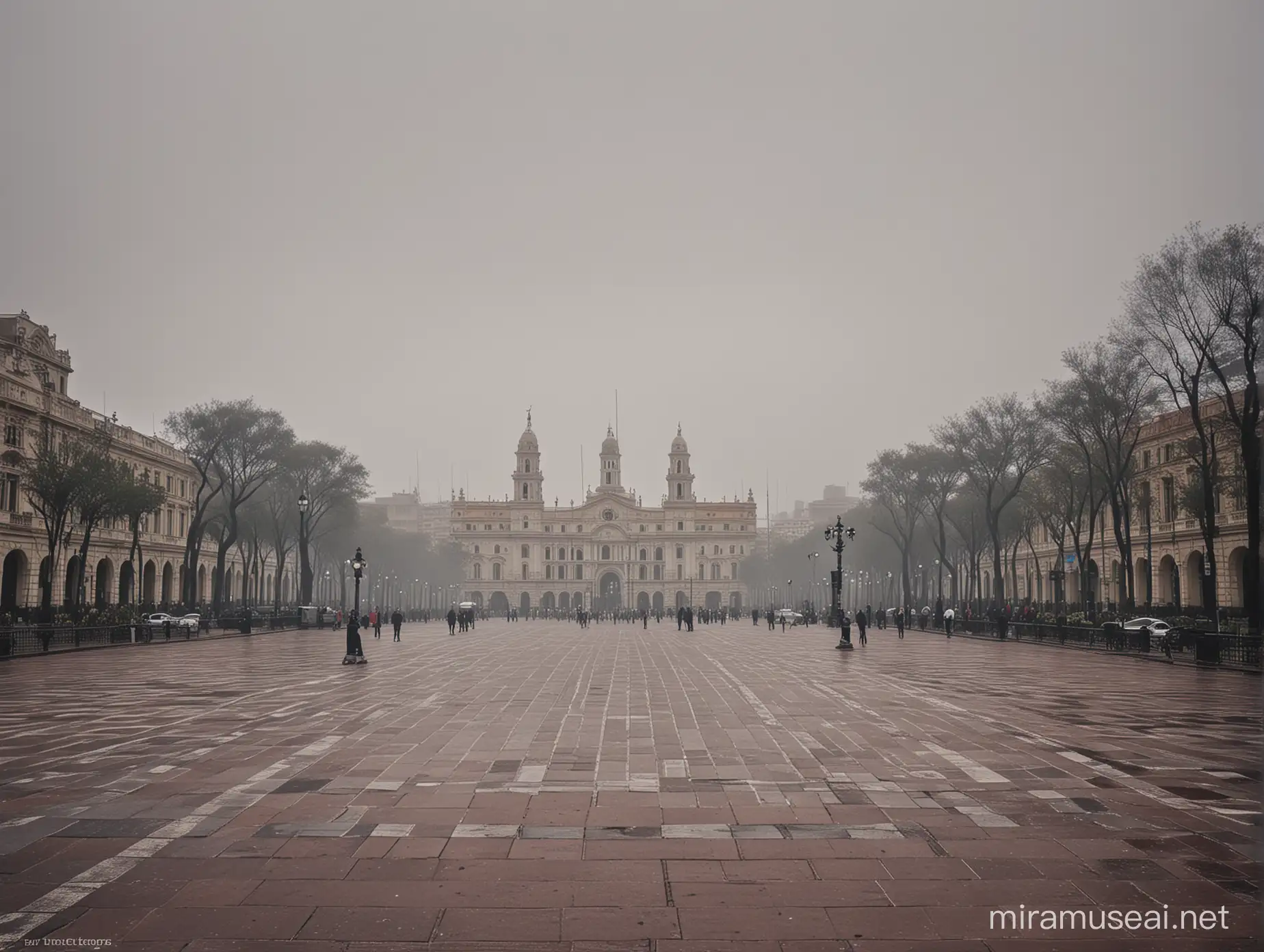 Plaza de Mayo en Buenos Aires en la niebla , cielo nublado, colores oscuros, toma amplia, arte digital