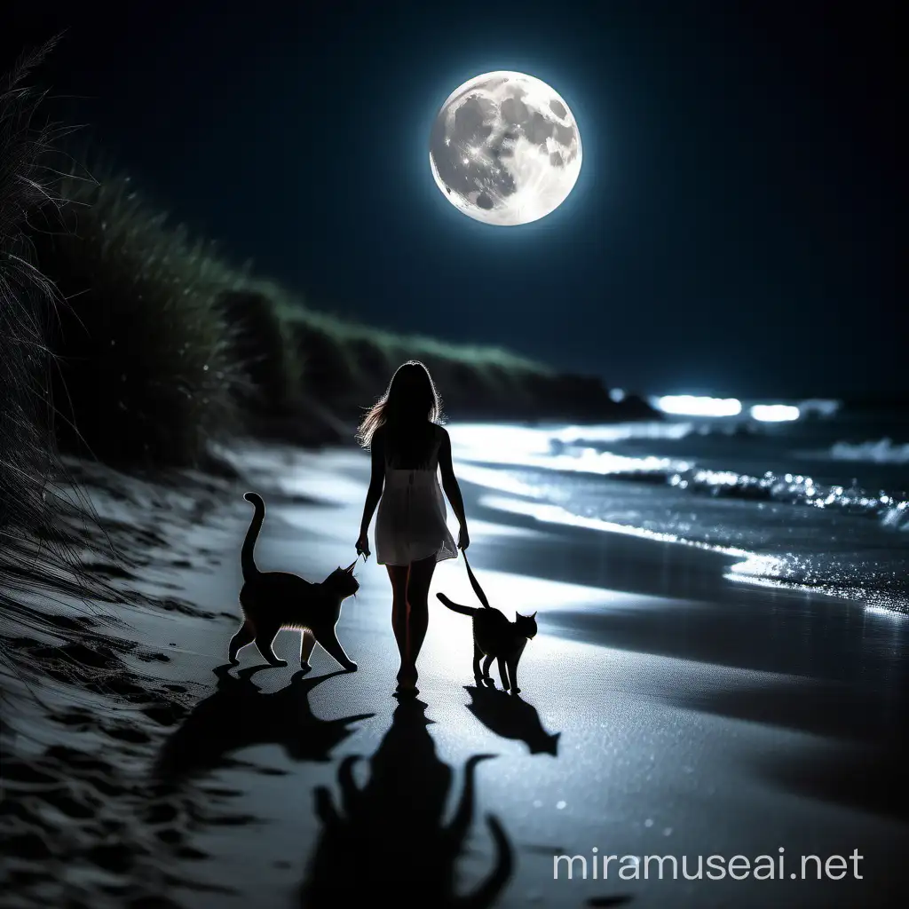 Girl Walking with Cat under Moonlight on Beach