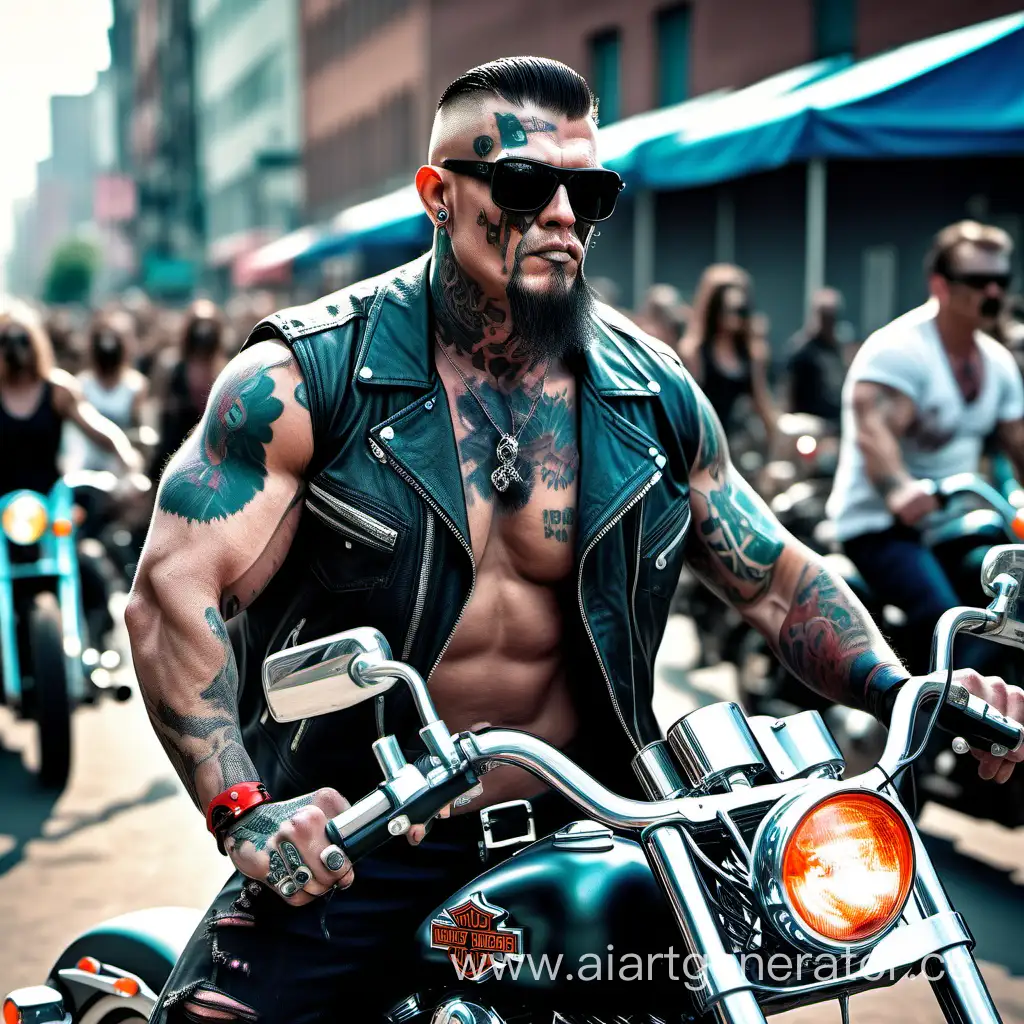 Muscule bicker with tattoos in sunglass 
On a harley Davison away from a crowd of zombies around the city 