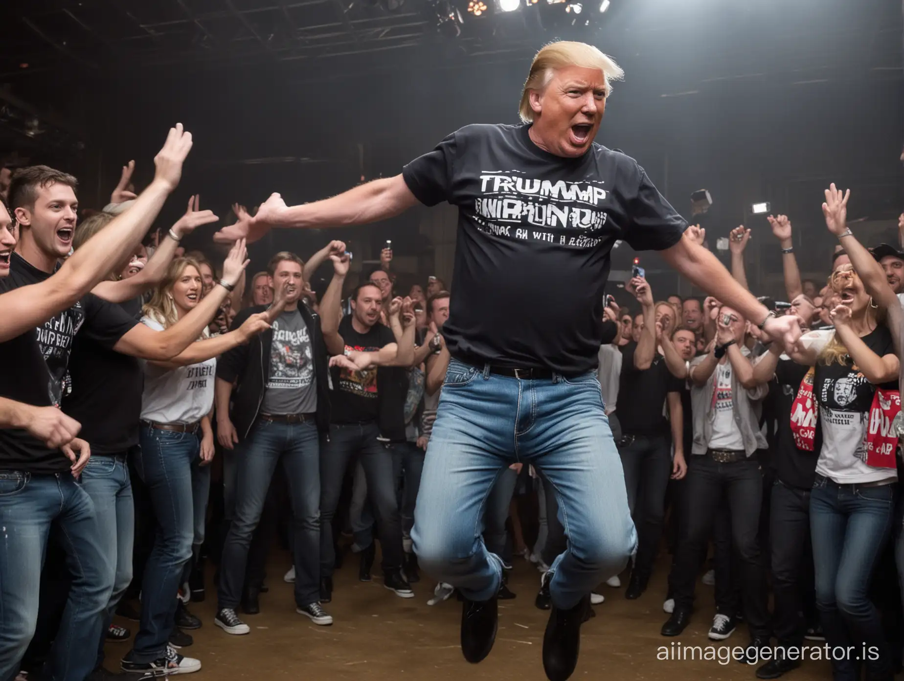Donald Trump is at a techno rave. Jumping in the air. He is wearing a T-shirt and jeans. He Dancing with the People